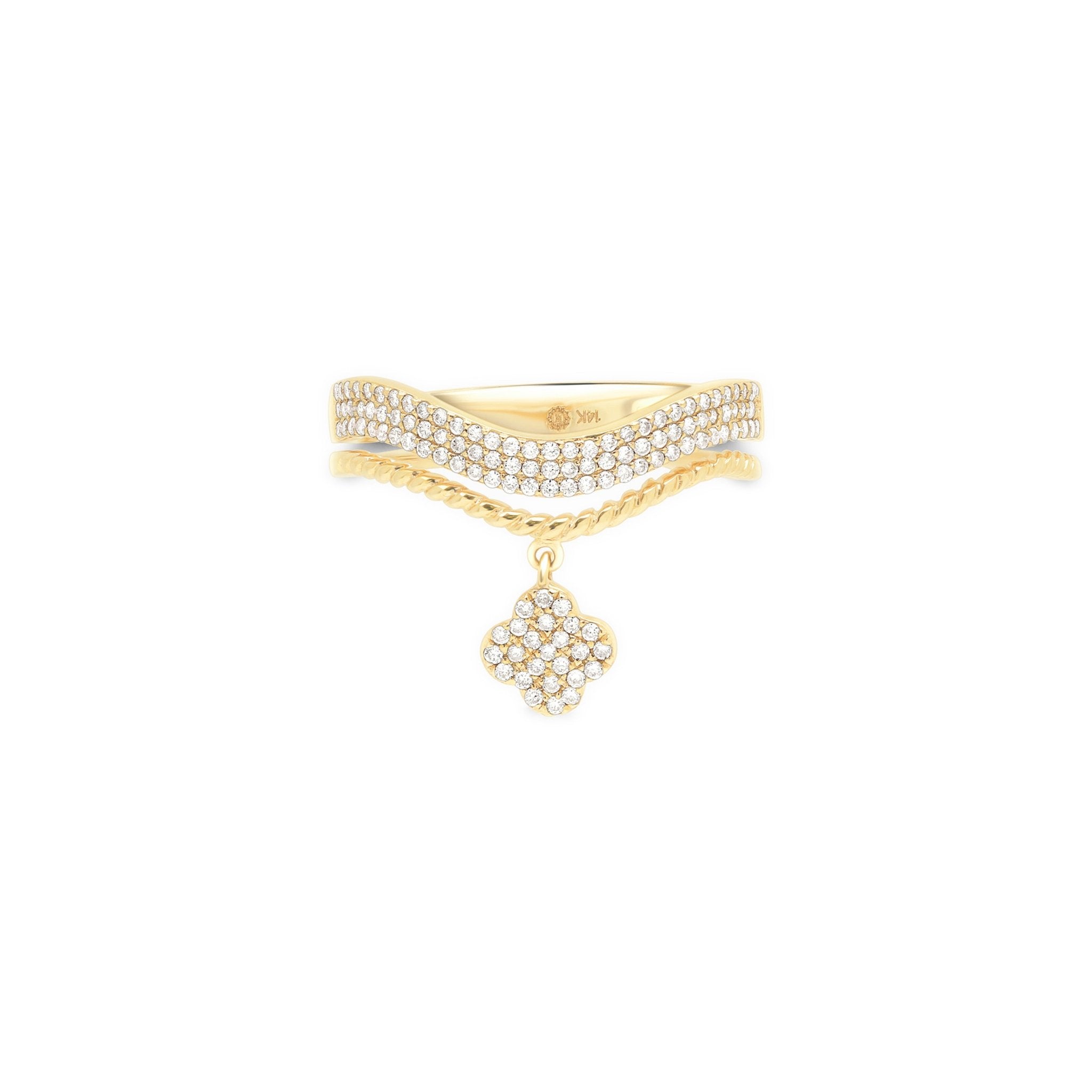 14K Yellow Gold Diamond Pavé Clover Drop Cable Ring for Women - Elegant Dainty Jewelry Gift for Birthday, Anniversary & Special Occasions