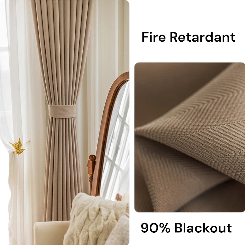 Janet Herringbone Fire Retardant Chenille Blackout Curtains for Bedroom & Living Room - Thermal Insulated Noise Reducing Window Drapes for Home Decor