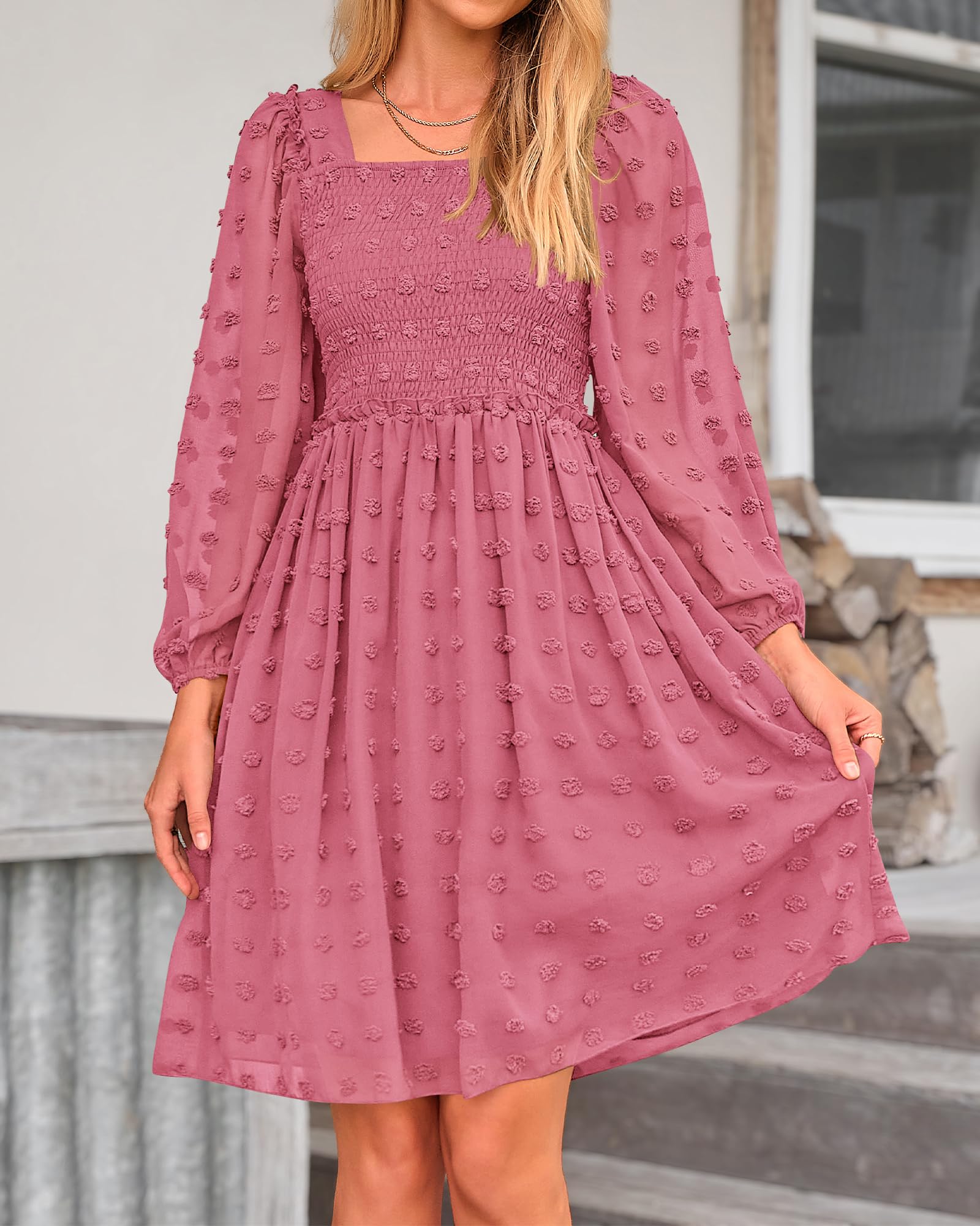 BTFBM Women's Floral Swiss Dot Smocked Mini Dress - Square Neck Long Sleeve Boho Wedding Guest Dress for Spring & Summer 2025 | Perfect for Garden Parties, Bridal Showers & Romantic Dates