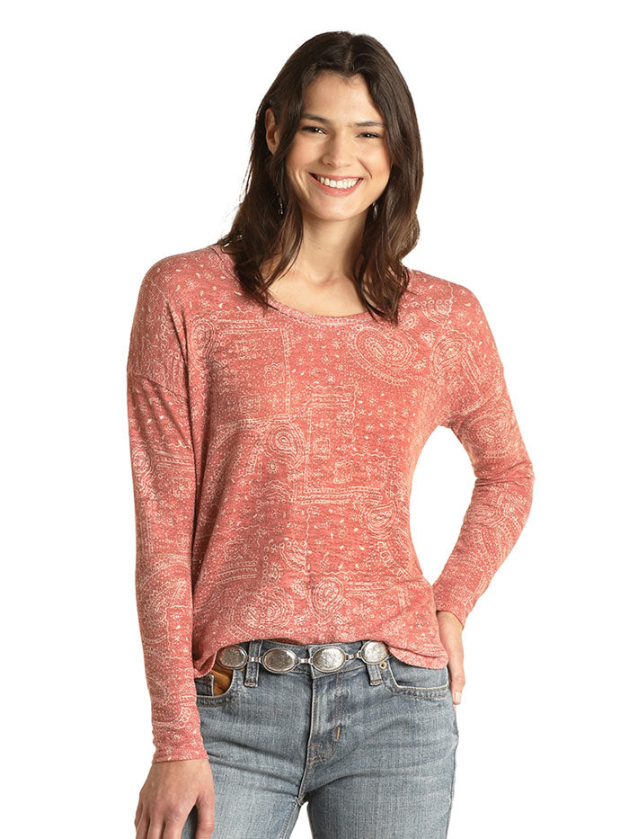 Panhandle WLWT52R0TO Women's Bandana Print Sweater Top - Orange Long Sleeve Knit Pullover for Casual Outfits, Fall Fashion & Layering