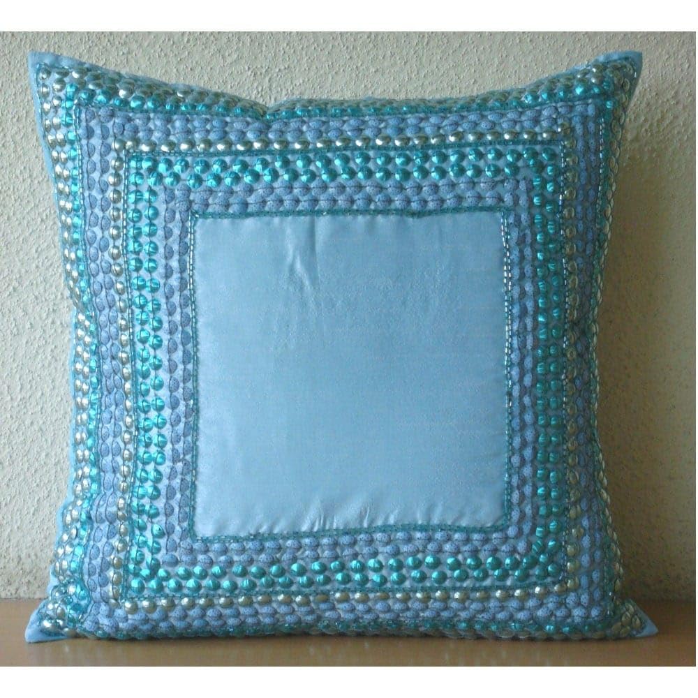 Premium Aqua Blue Silk Euro Pillow Sham 26x26 Inch - Luxurious Sequin Embellished Bordered Pillow Cover for Bedroom Decor, Sofa Throw Pillow, Easter & Holiday Home Celebration Decorations