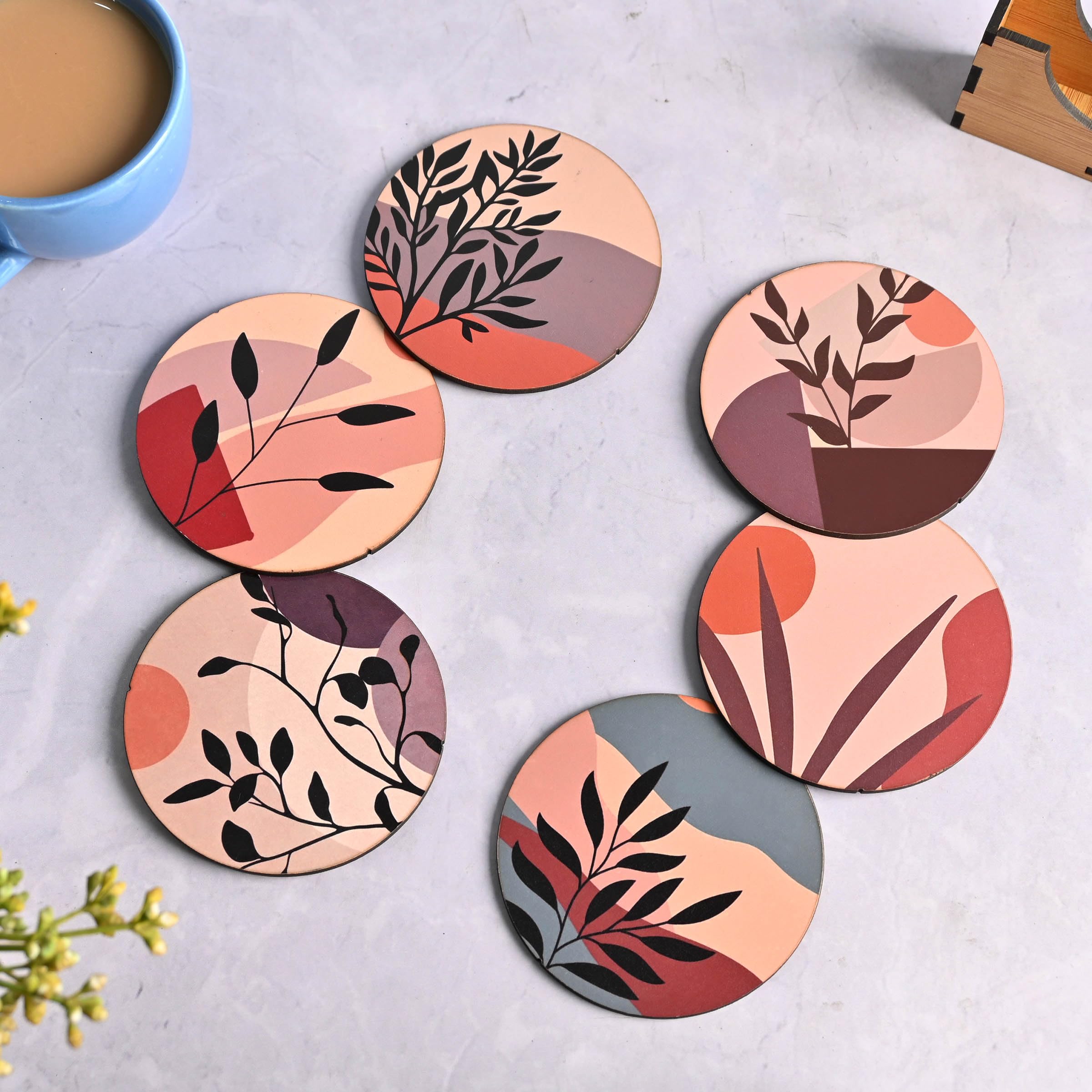 GKD Set of 6 Modern Art Wooden Coasters - 3.8 x 3.8 Inch Eco-Friendly Drink Coasters for Coffee, Tea & Glasses - Perfect for Home, Office & Restaurant Use
