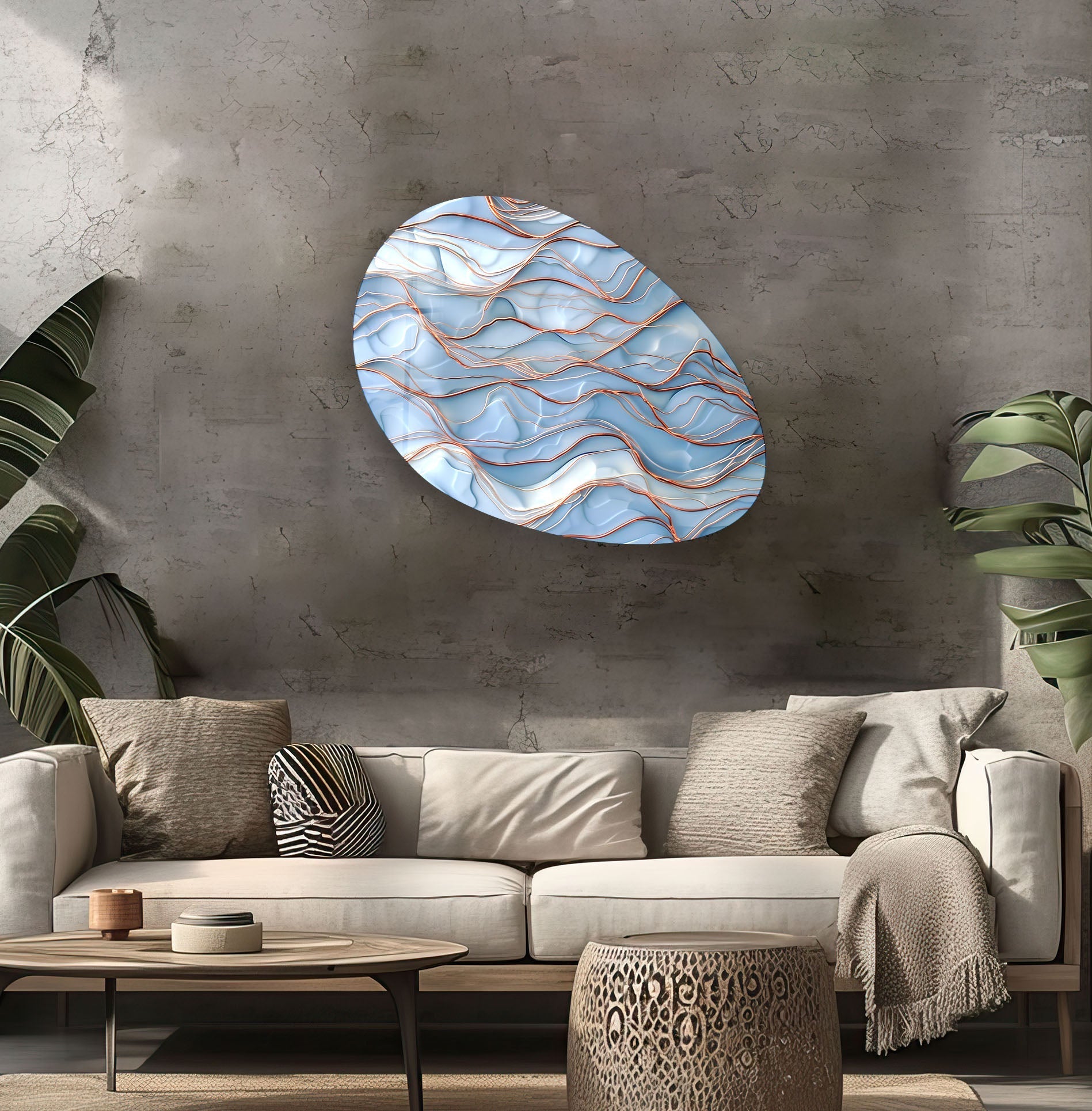 Abstract Blue Waves Oval Glass Wall Art - Modern Ocean Themed Home Decor for Living Room, Bedroom & Office
