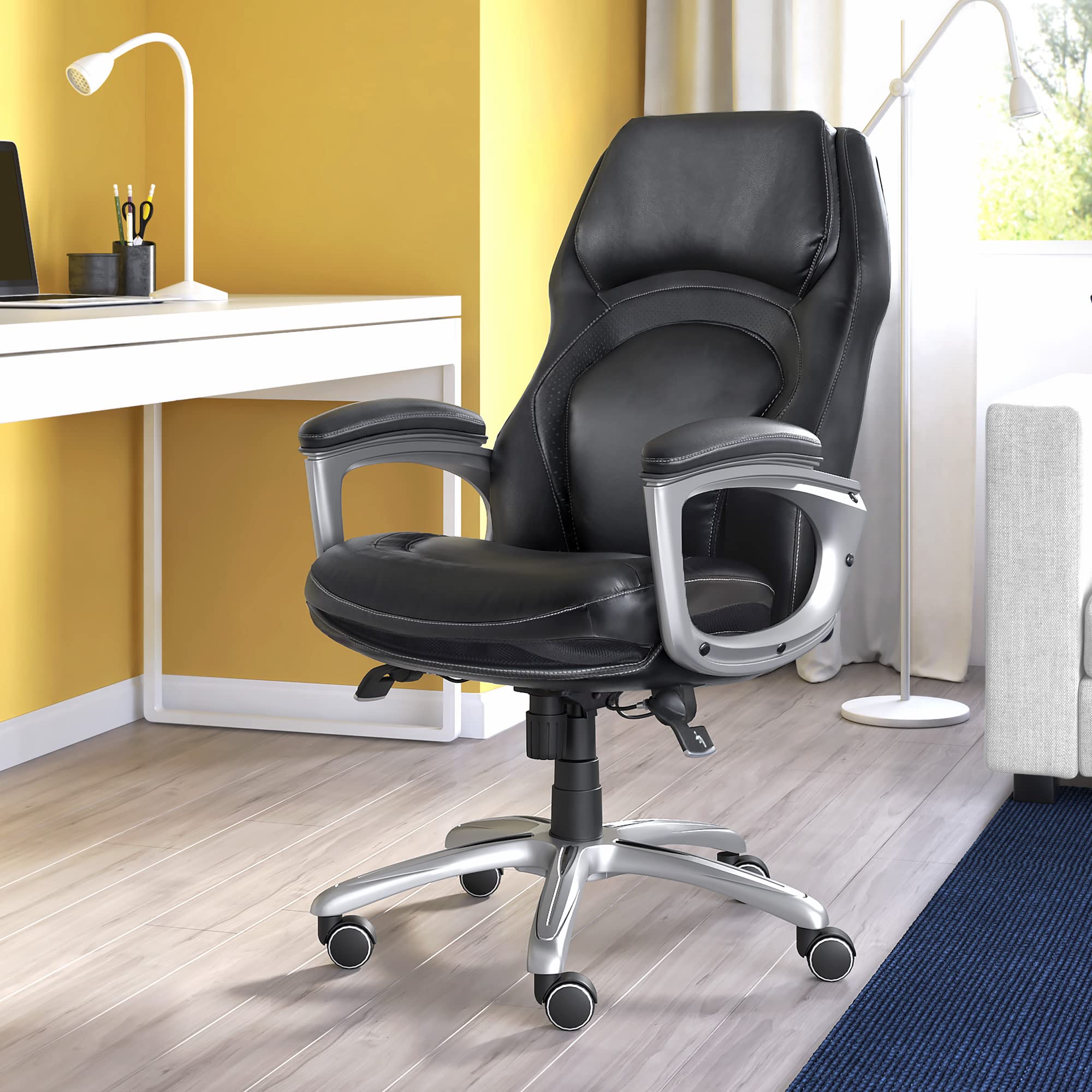 Serta Wellness by Design Executive Office Chair with Lumbar Support - Ergonomic Computer Desk Chair with Back in Motion Technology, Mid Back Leather Black - Perfect for Home Office, Gaming & Workspace Comfort