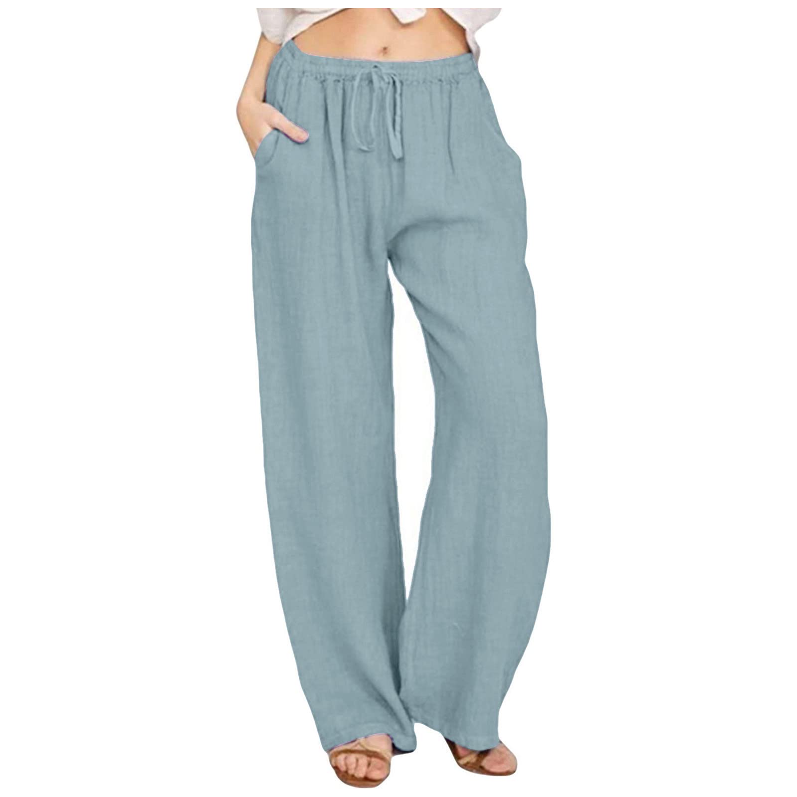 Women's Linen Wide Leg High Waist Elastic Palazzo Casual Pants with Pockets - Comfortable Loose Beach Pants for Summer, Travel & Boho Style Outfits