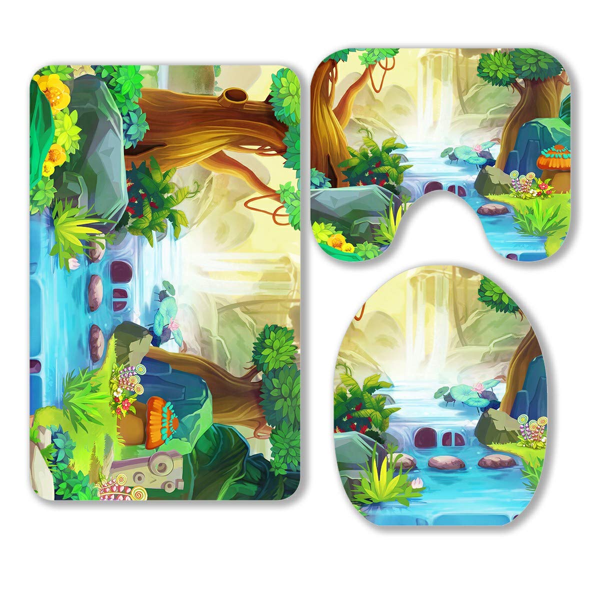 ECZJNT Going Upstream Cartoon Forest 3-Piece Bathroom Rug Set - Non-Slip Bath Mat, Contour Mat & Toilet Lid Cover - Soft & Absorbent for Bathroom Decor, Kids Room & Cozy Home