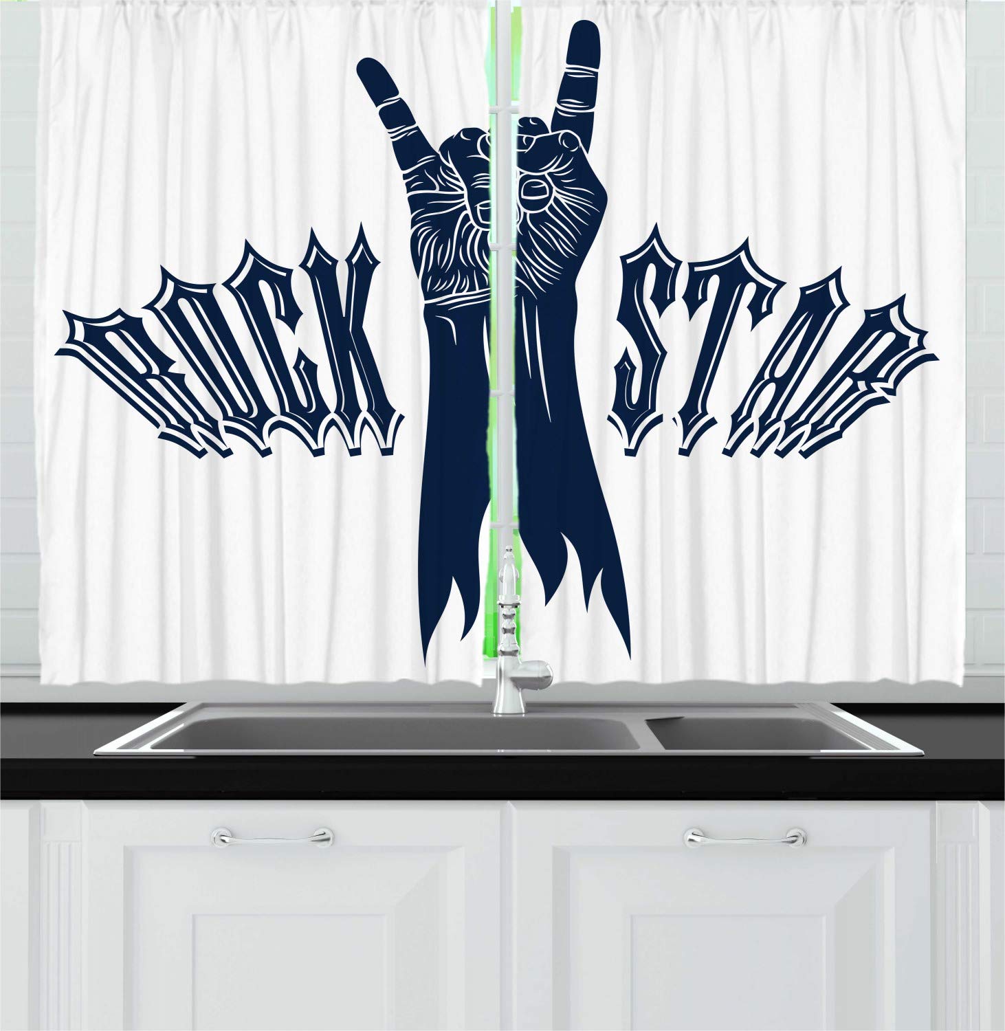 Ambesonne Rock and Roll Kitchen Curtains Set of 2 Panels - Rock Star Design with Raised Hand Symbol, 55 x 39 Inch Window Drapes for Kitchen & Cafe Decor in Dark Violet Blue & White - Perfect for Music Lovers' Homes, Bars, and Retro Themed Spaces