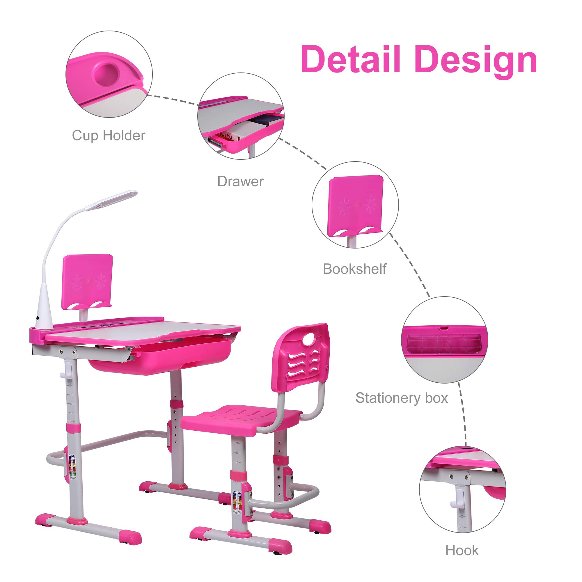 Adjustable Kids Desk and Chair Set with LED Light & Storage Drawer - Ergonomic Study Table for Children, Tilt Desktop & Book Stand - Perfect for Homework, Drawing & Online Learning (Pink)
