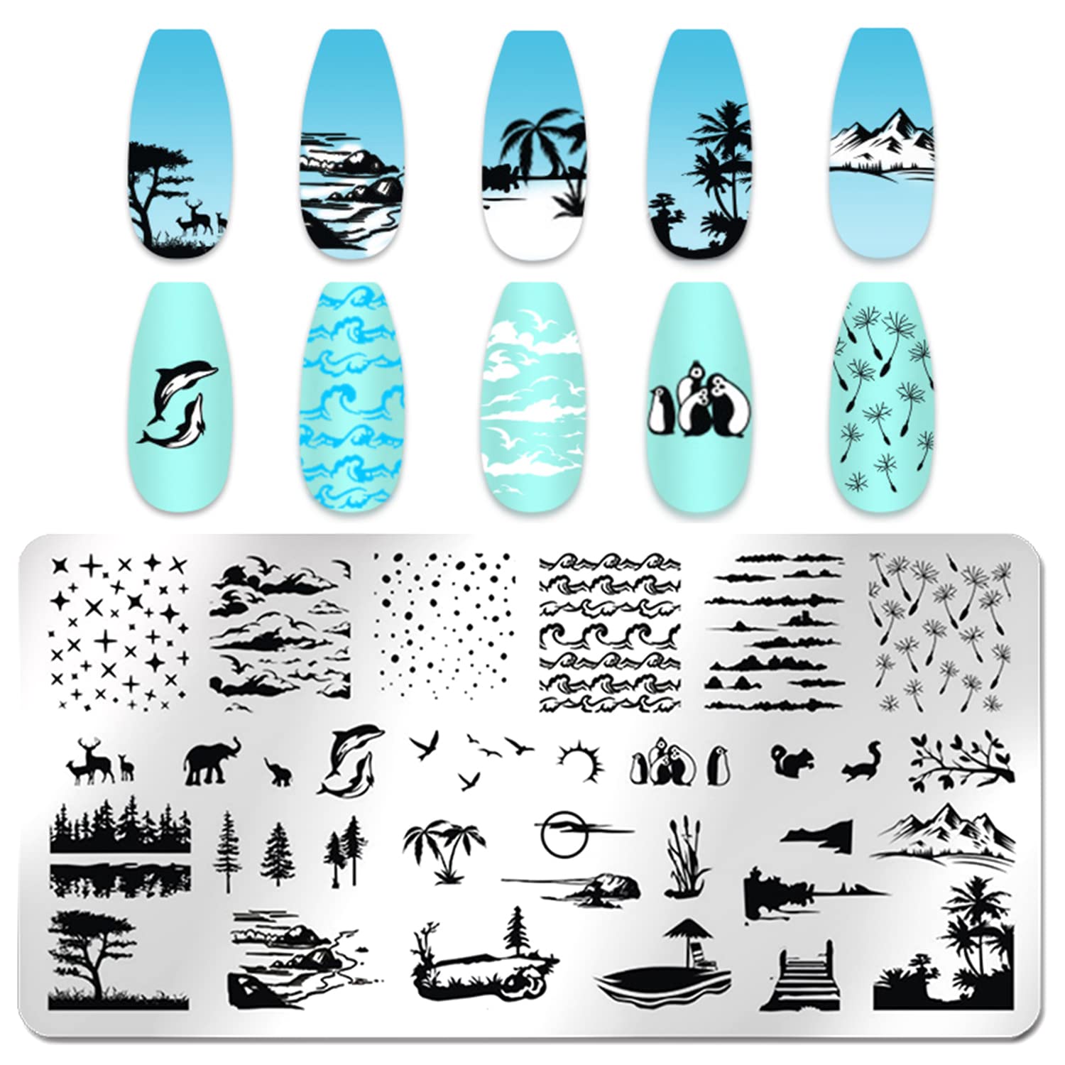 Beach Nail Stamping Kit - 6Pcs Summer Nail Art Plates for Vacation Designs | Palm Tree, Boat, Fish Patterns for Seaside Manicures