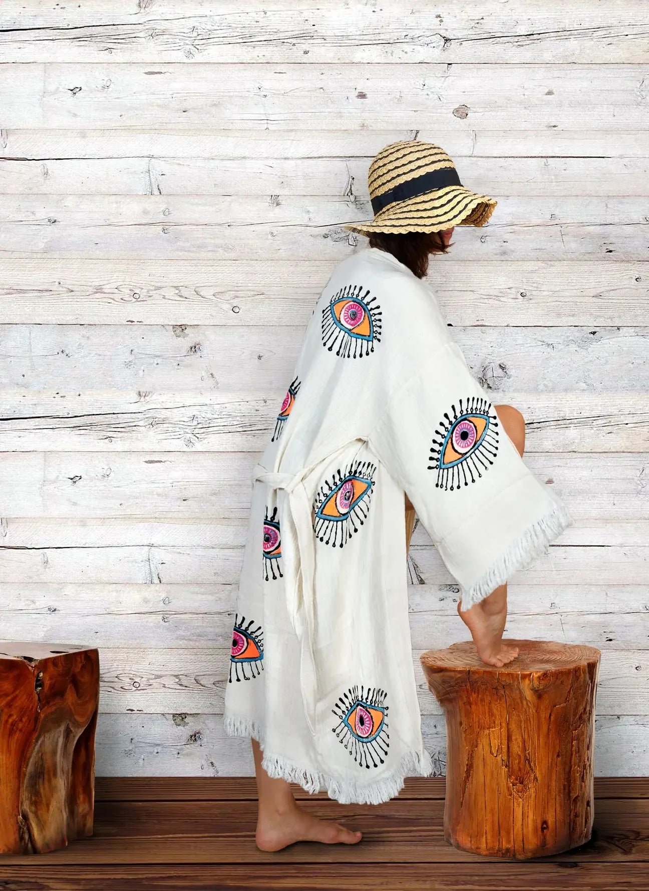 Organic Cotton One Size Neon Women's Kimono Robe with Evil Eye Design - Perfect for Spa, Beach Cover-Up, Yoga & Boho Loungewear