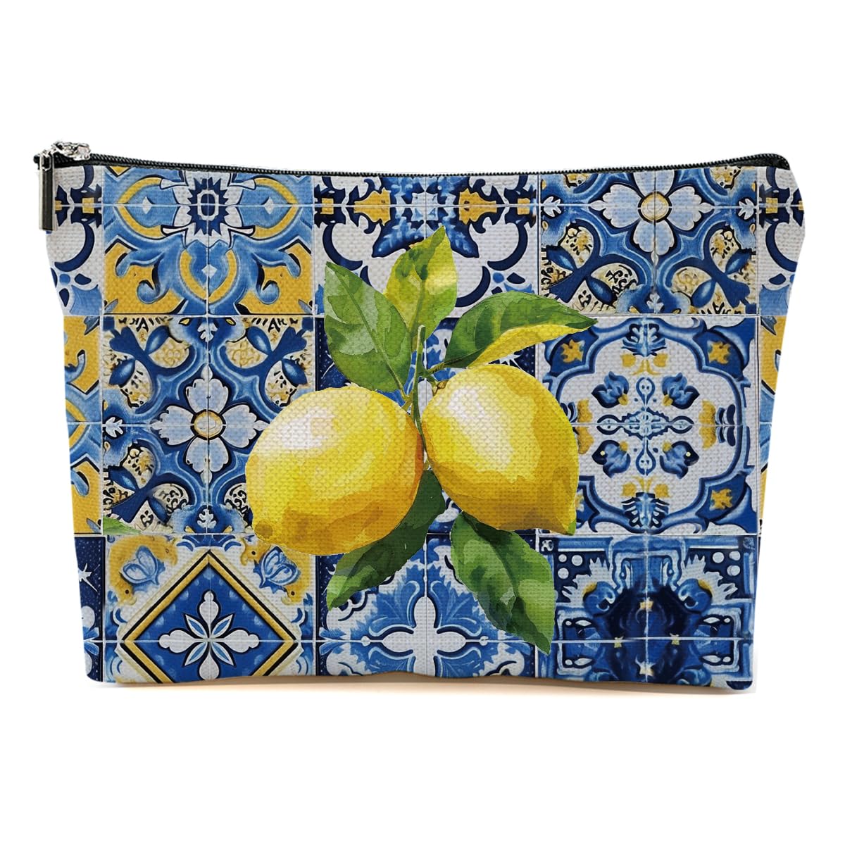 Italian Lemon Print Travel Makeup Bag - Waterproof Cosmetic & Toiletry Organizer for Women, Girls, Moms | Perfect Gift for Christmas, Thanksgiving, Bridal Shower | Great for Vacation, Business Trips & Daily Use