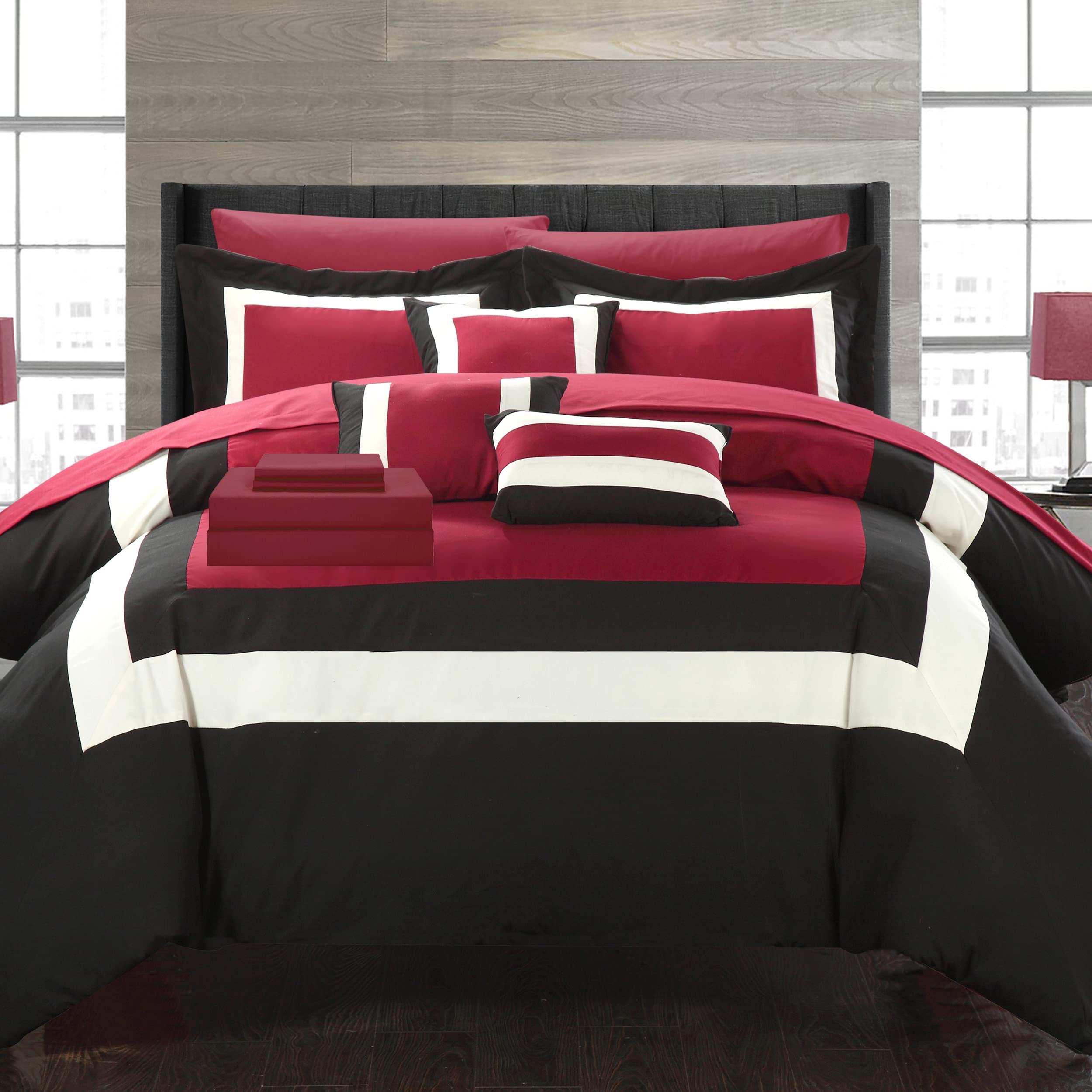 Chic Home CS1465-AN Duke 10-Piece Color Block Bed in a Bag Comforter Set - Queen Size, Vibrant Red Bedding for Modern Bedrooms | Perfect for Master Bedrooms, Guest Rooms & Dorm Decor