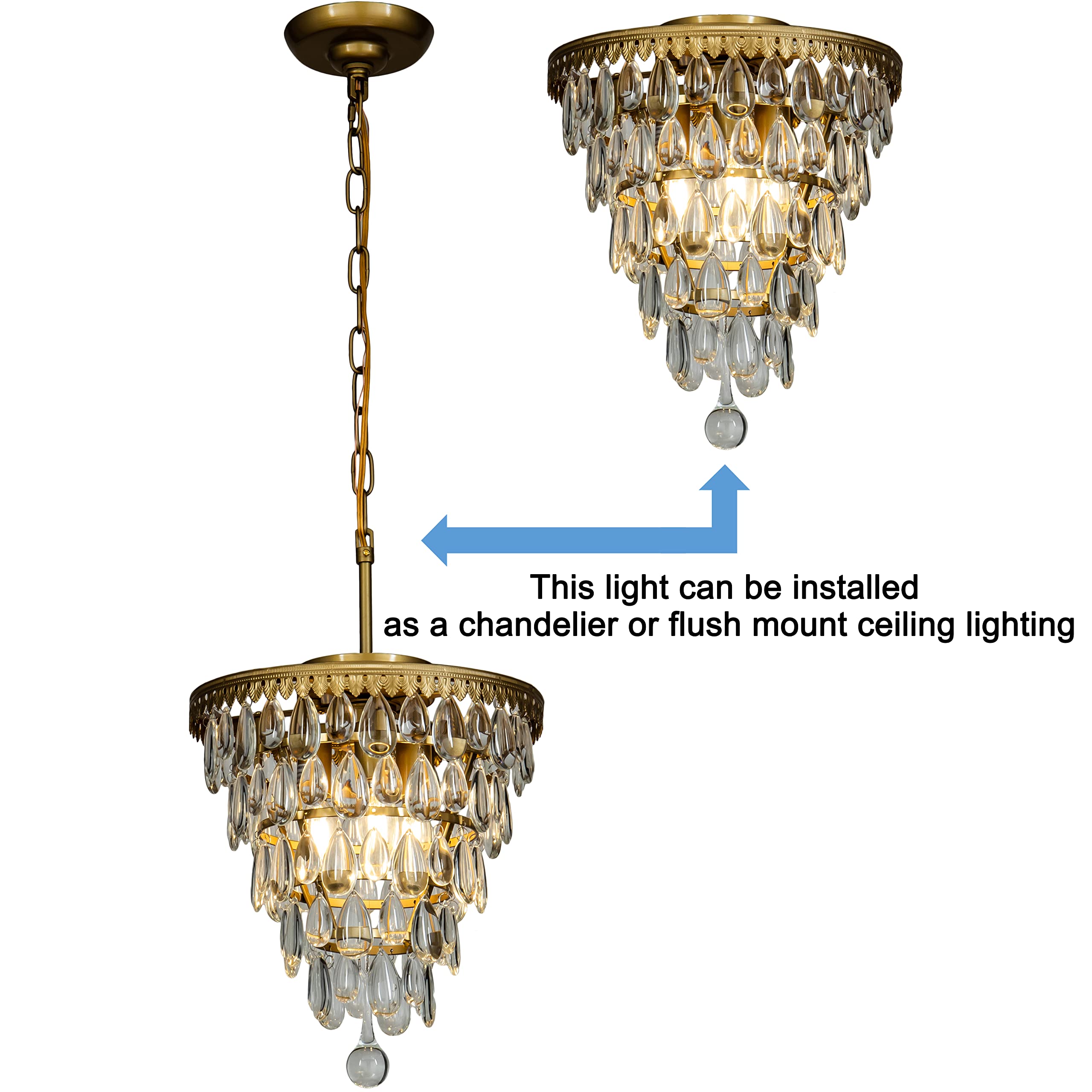 3-Light Modern Gold 5-Tiered Tear Drop Crystal Chandelier - Antique Brass Finish with Raindrop Crystals - 12 Inch Wide - Perfect for Living Room, Dining Room, Bathroom & Bedroom Lighting