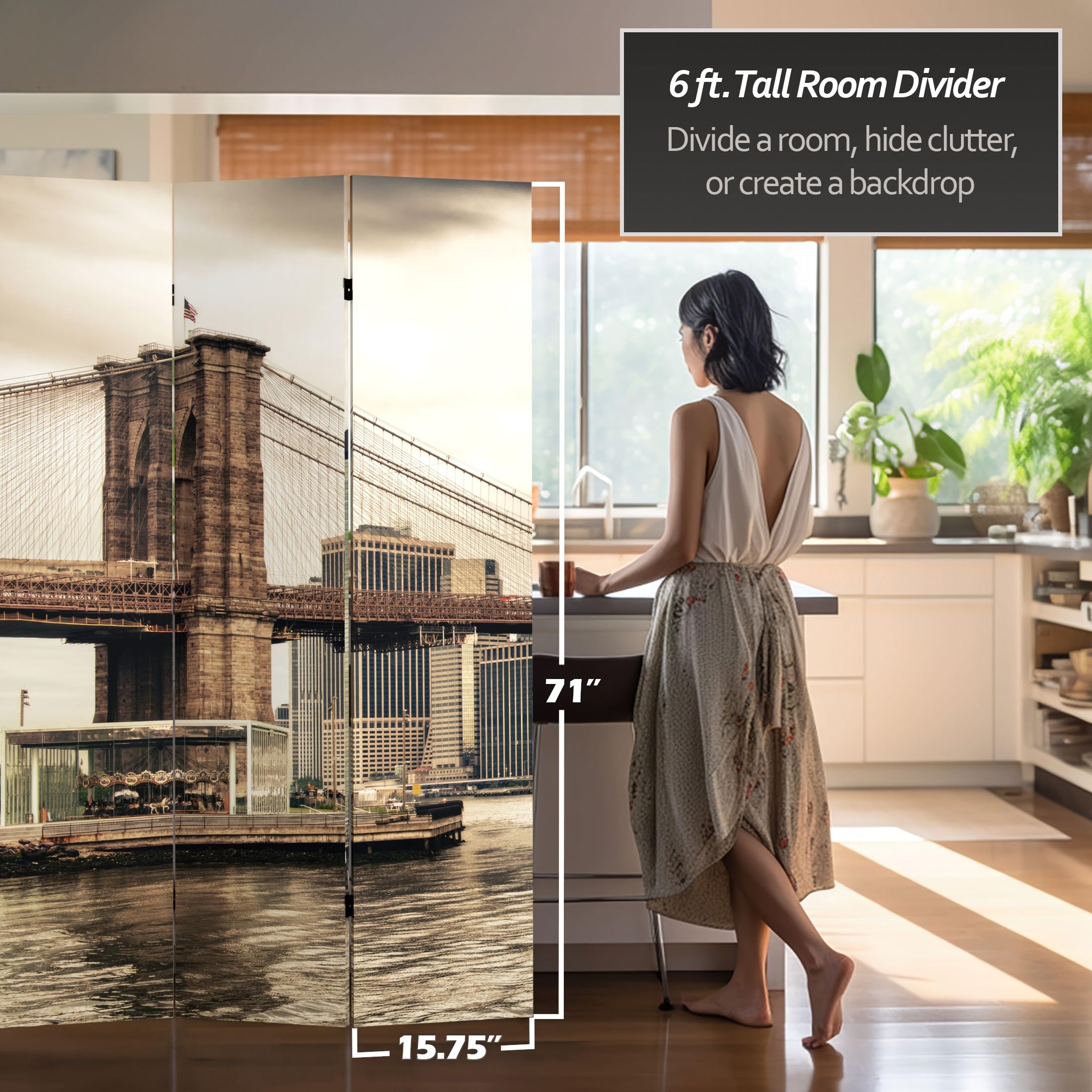 6 ft. Tall Double Sided Red Lantern New York River Canvas Room Divider - Grey Folding Screen for Home Office, Living Room & Event Decor
