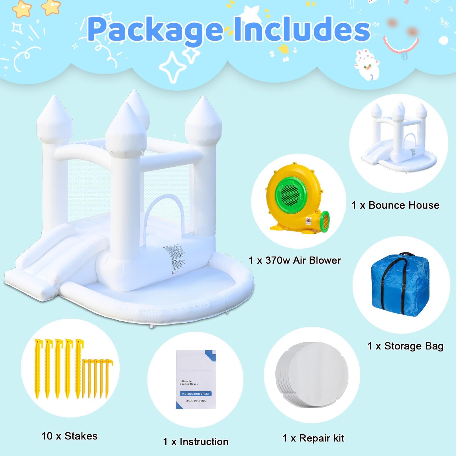 FOOING White Inflatable Bounce House with Air Blower - Jumping Castle with Ball Pit for Kids | Outdoor Party, Birthday, Wedding & Backyard Fun | Easy Setup & Safe Family Entertainment