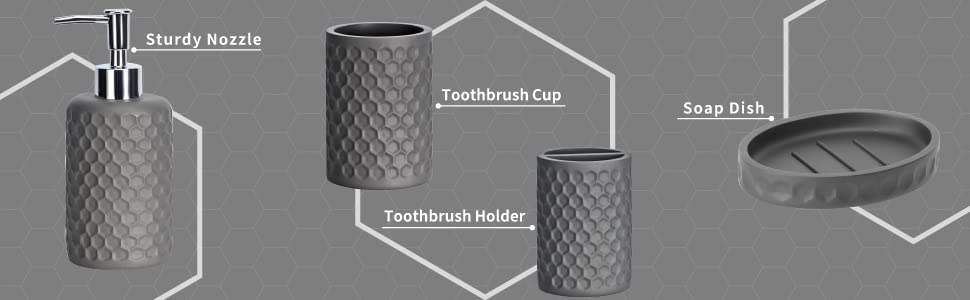 6-Piece Grey Bathroom Accessory Set - Includes Trash Can, Toothbrush Holder, Cup, Soap Dispenser, Soap Dish & Toilet Brush with Holder | Modern Light Gray Bathroom Organization for Home & Apartment