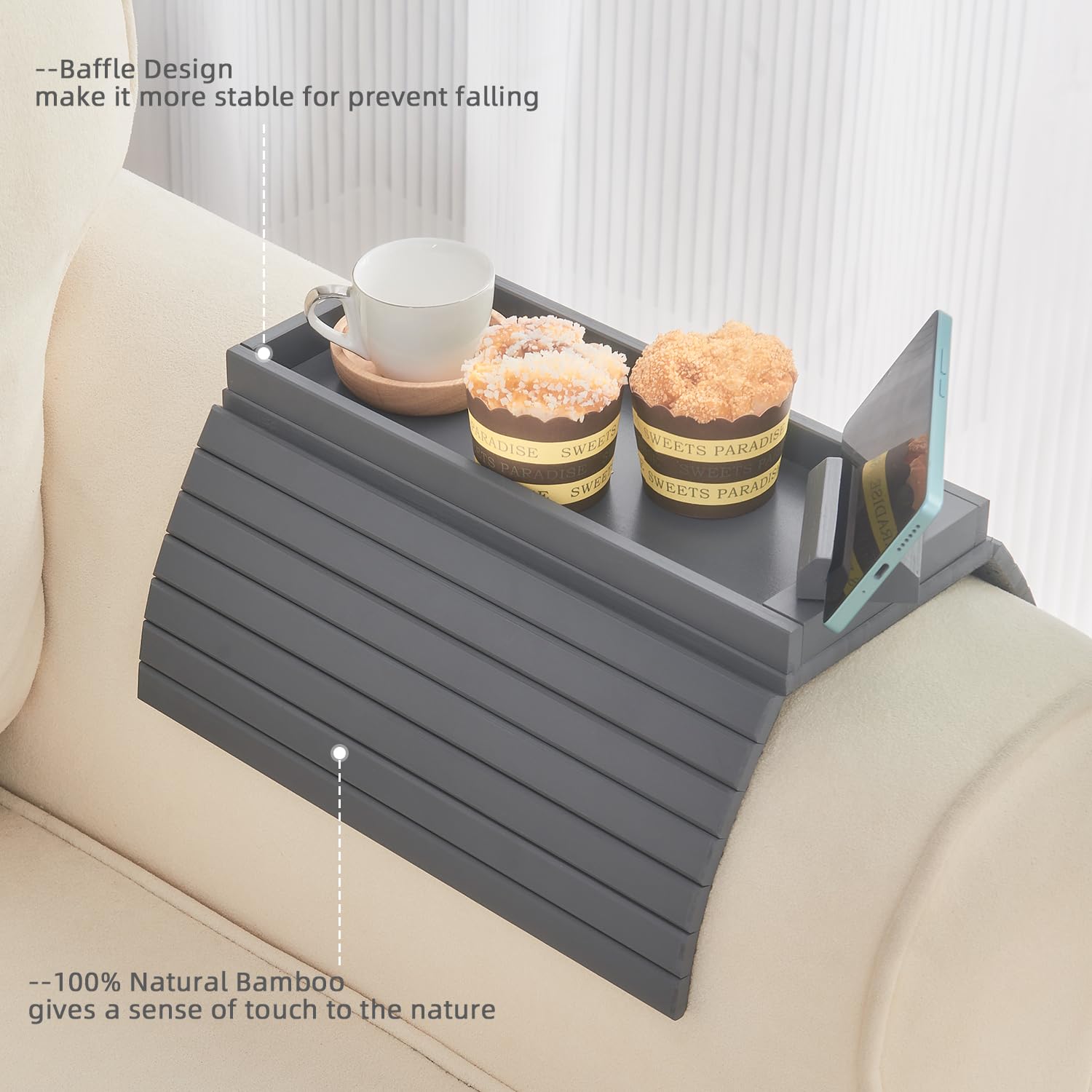 360° Rotating Bamboo Sofa Arm Tray - Foldable Side Table with Cup Holder for Snacks & Drinks - Perfect for Living Room Relaxation