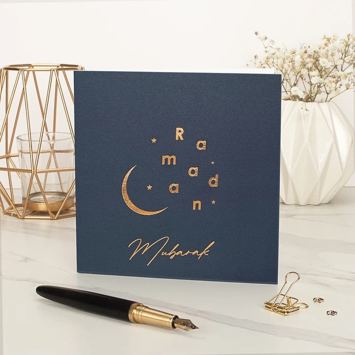 Elegant Gold Foiled Ramadan Greeting Card - Navy Blue Islamic Holiday Card for Eid Mubarak - Perfect for Ramadan Wishes, Eid Celebrations & Muslim Festivals