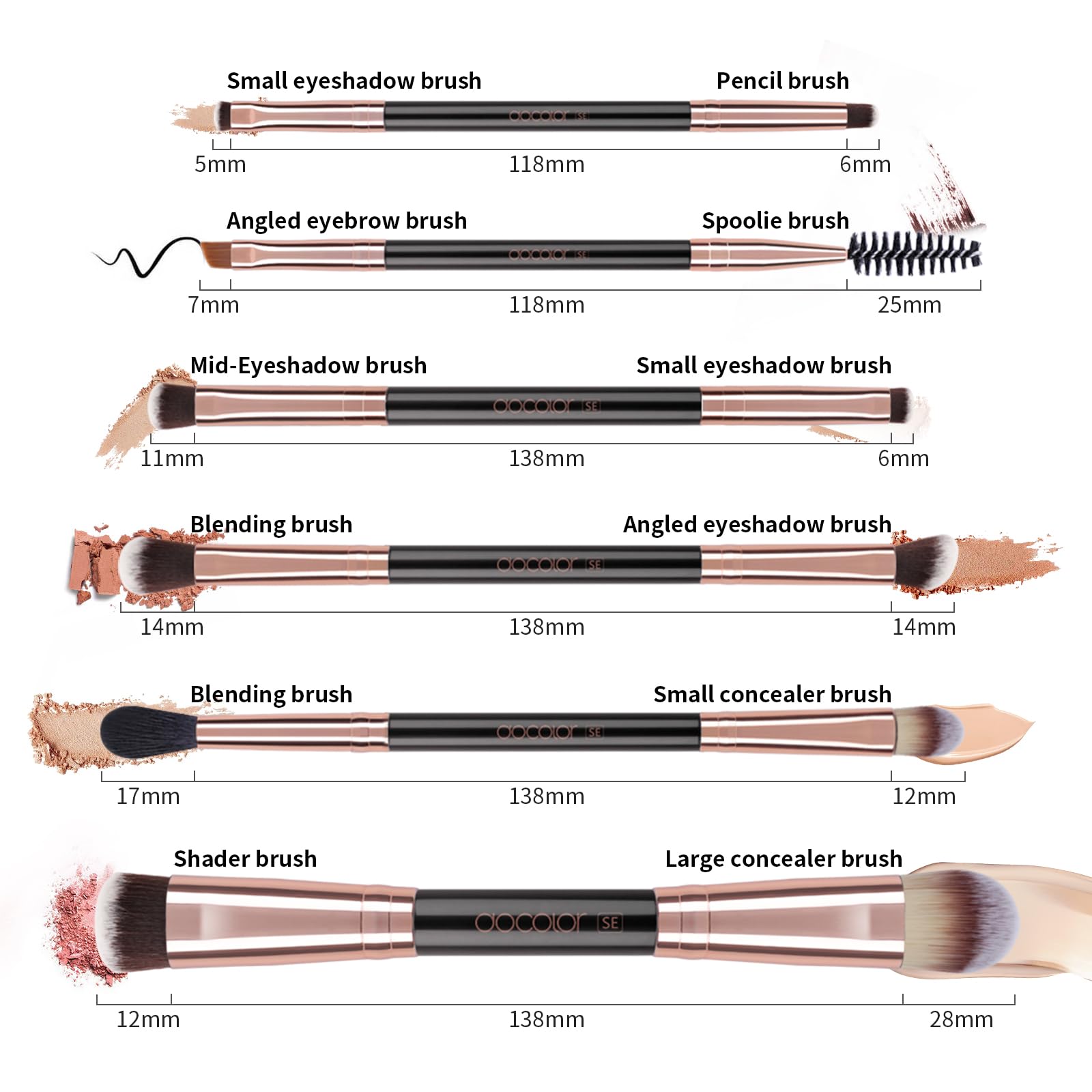 Docolor 6Pcs Double Sided Makeup Brush Set - Professional Dual Ended Eyeshadow, Foundation & Blending Brushes for Travel | Perfect for Everyday Makeup, Contouring & On-The-Go Touch Ups