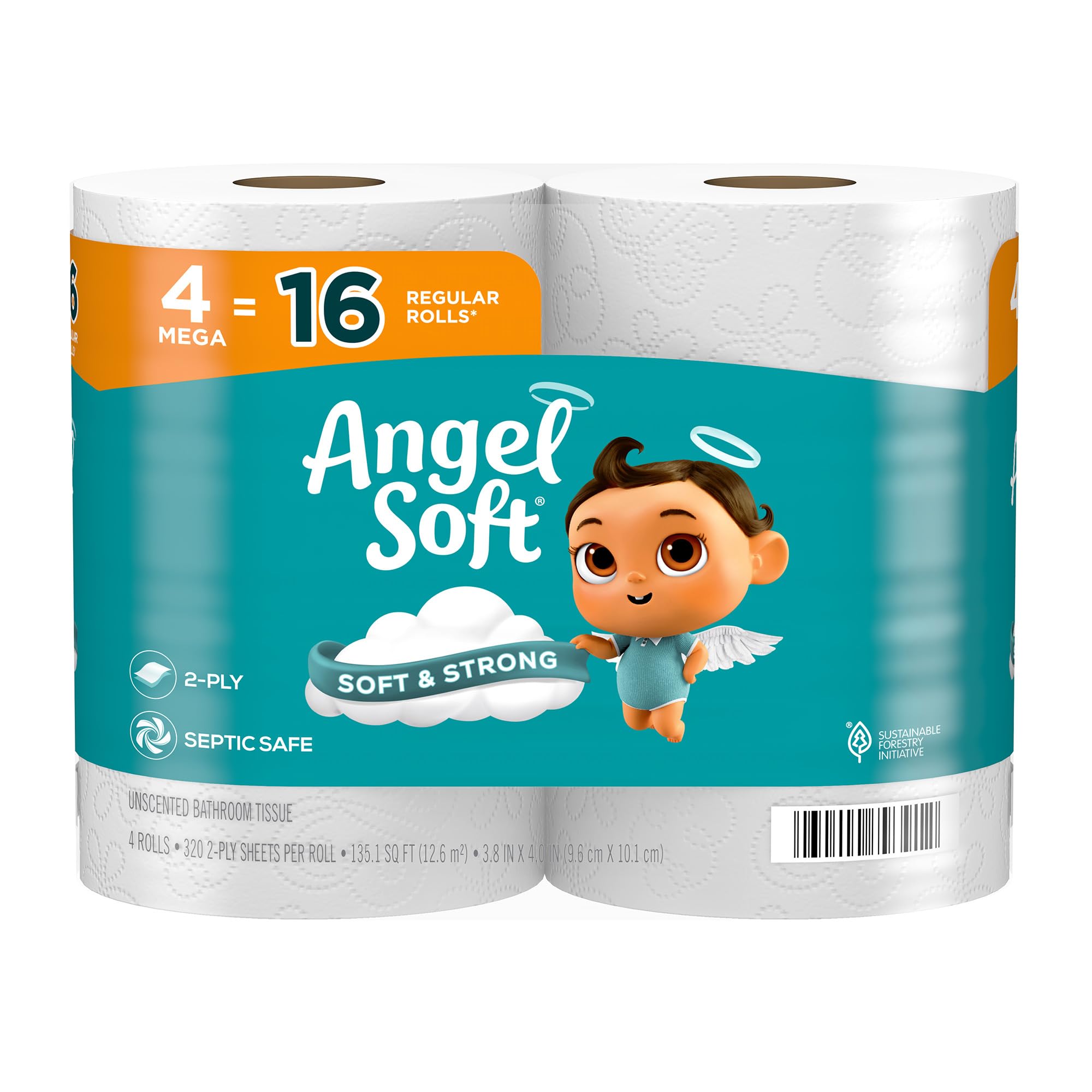 Angel Soft Toilet Paper - 4 Mega Rolls (Equals 16 Regular Rolls) | Ultra Soft & Strong Bath Tissue for Everyday Comfort | Perfect for Homes, Offices & RVs