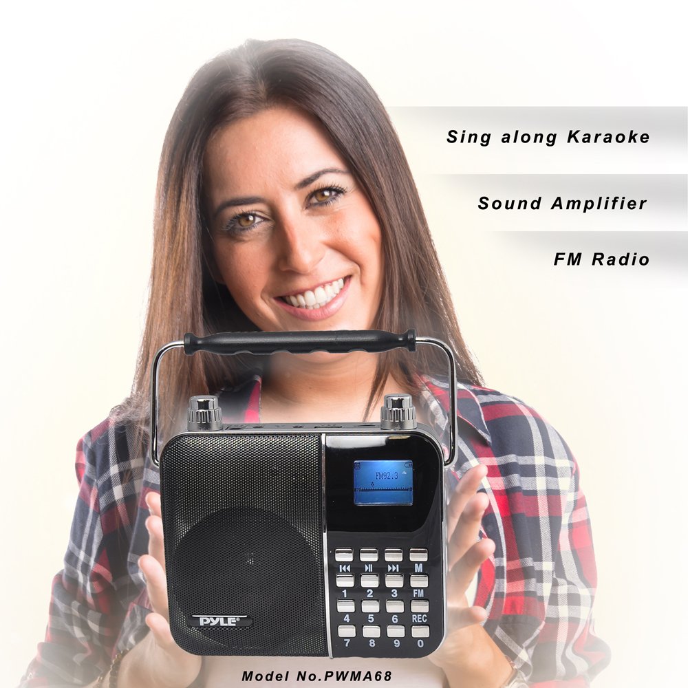 Portable PA Speaker System with Wireless Microphone - Rechargeable Karaoke Machine, USB/SD Card Reader, LCD Lyrics Display for Outdoor Parties, Camping & Home Entertainment - Pyle PWMA68