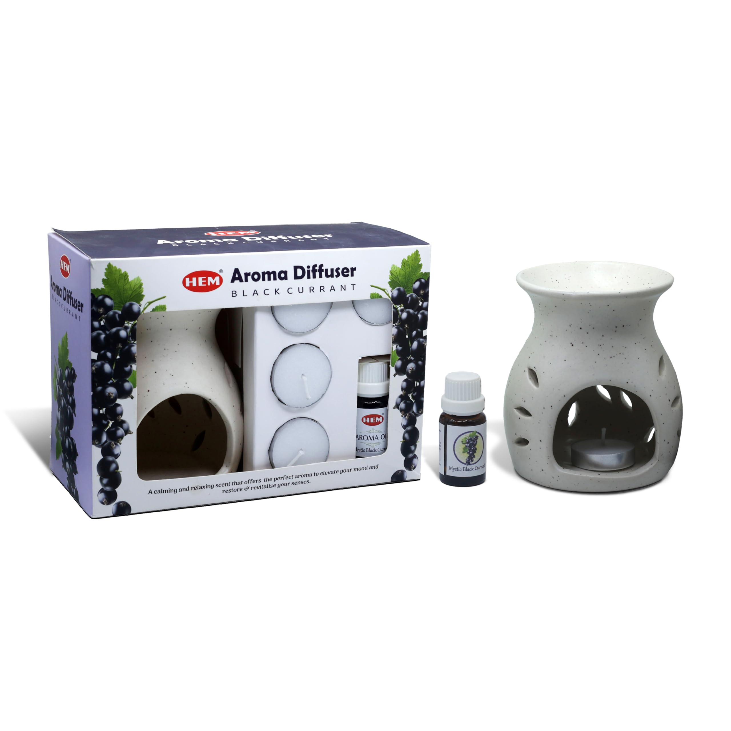 Premium HEM Ceramic Oil Burner Gift Set with Black Currant Essential Oil (10ml) & 4 Tealight Candles - Aromatherapy Diffuser for Home Fragrance, Spa Relaxation, Meditation & Gifts - Perfect for Bedroom, Bathroom, Yoga Studio & Office Spaces