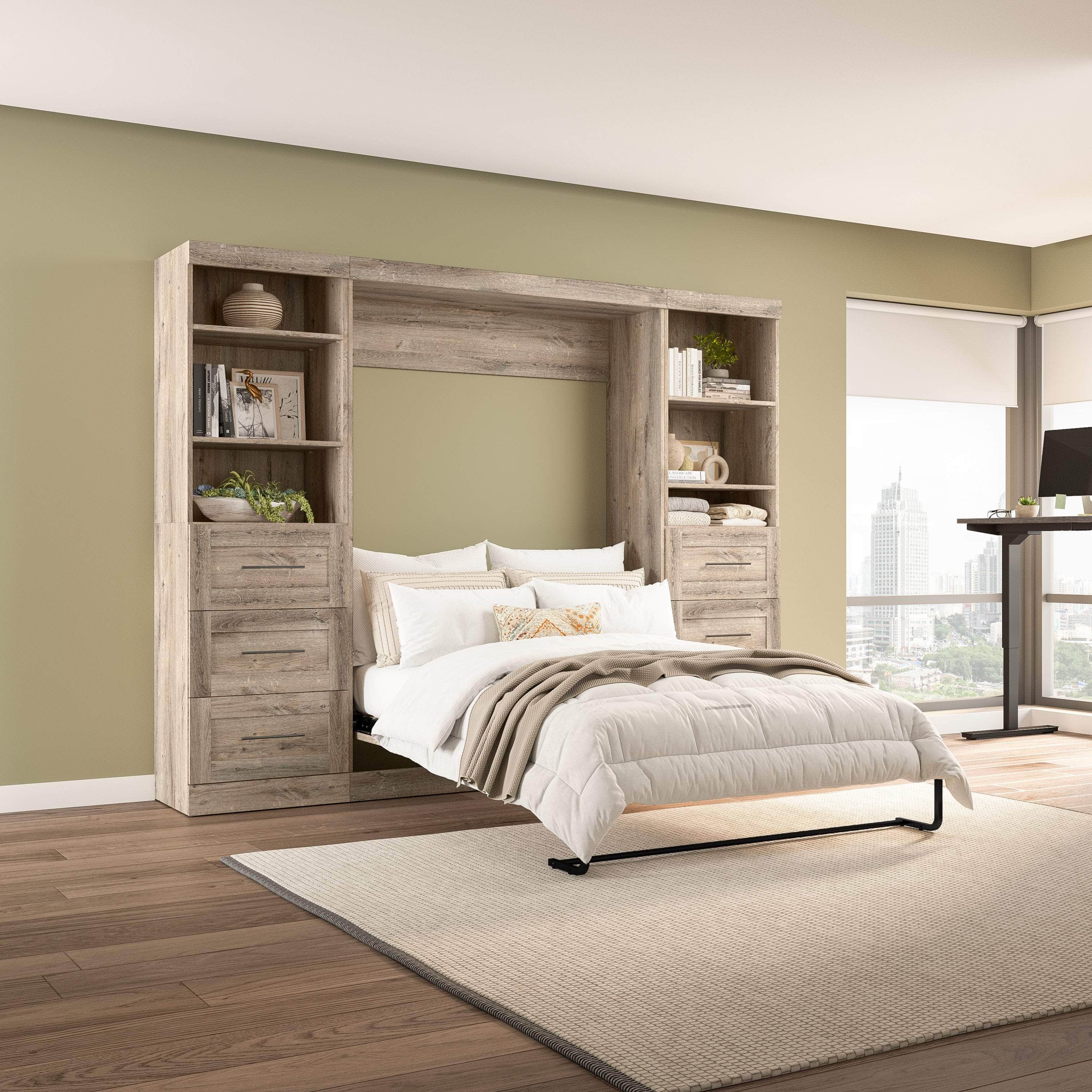 Pur Full Murphy Wall Bed with 2 Storage Units & Drawers (109W) - 7 Color Options for Space-Saving Home Office, Guest Room & Small Apartments