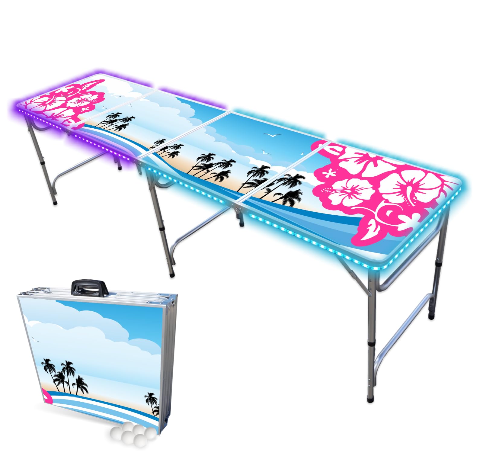 8-Foot Folding LED Beer Pong Table with Hibiscus Design - Portable Party Game for Outdoor Gatherings, Tailgates & College Events