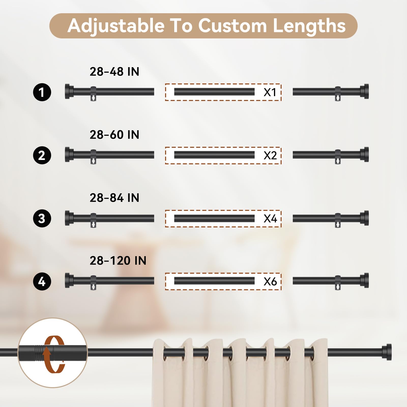 Black Curtain Rods for Windows 28-48 Inches (2.3-4ft) - 5/8 Inch Diameter Heavy Duty Metal Small Curtain Rod with Brackets - Modern Decorative Drapery Rod for Living Room, Bedroom & Office Window Treatments