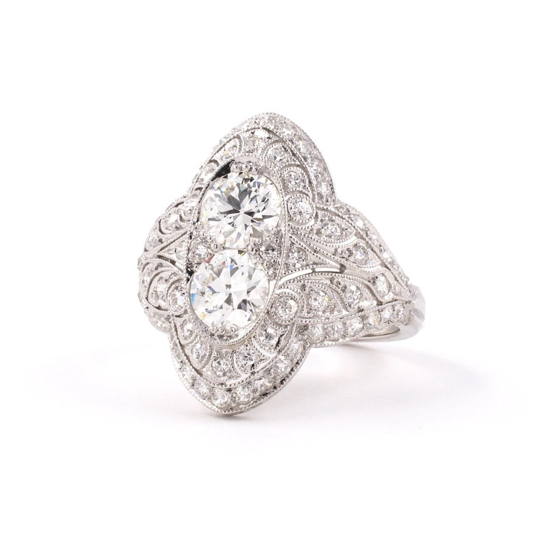 Edwardian Diamond 2 Stone Dinner Ring - Vintage Elegant Jewelry for Women - Perfect for Evening Parties & Special Occasions