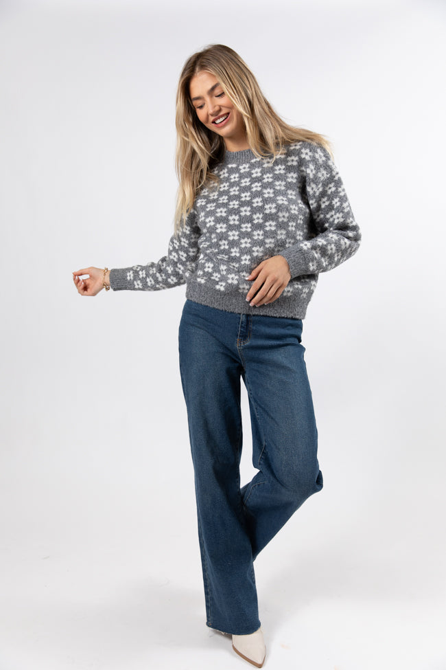Stylish Grey Floral Print Sweater for Women - Cozy Knit Pullover for Fall & Winter - Perfect for Casual Outings, Office Wear & Date Nights