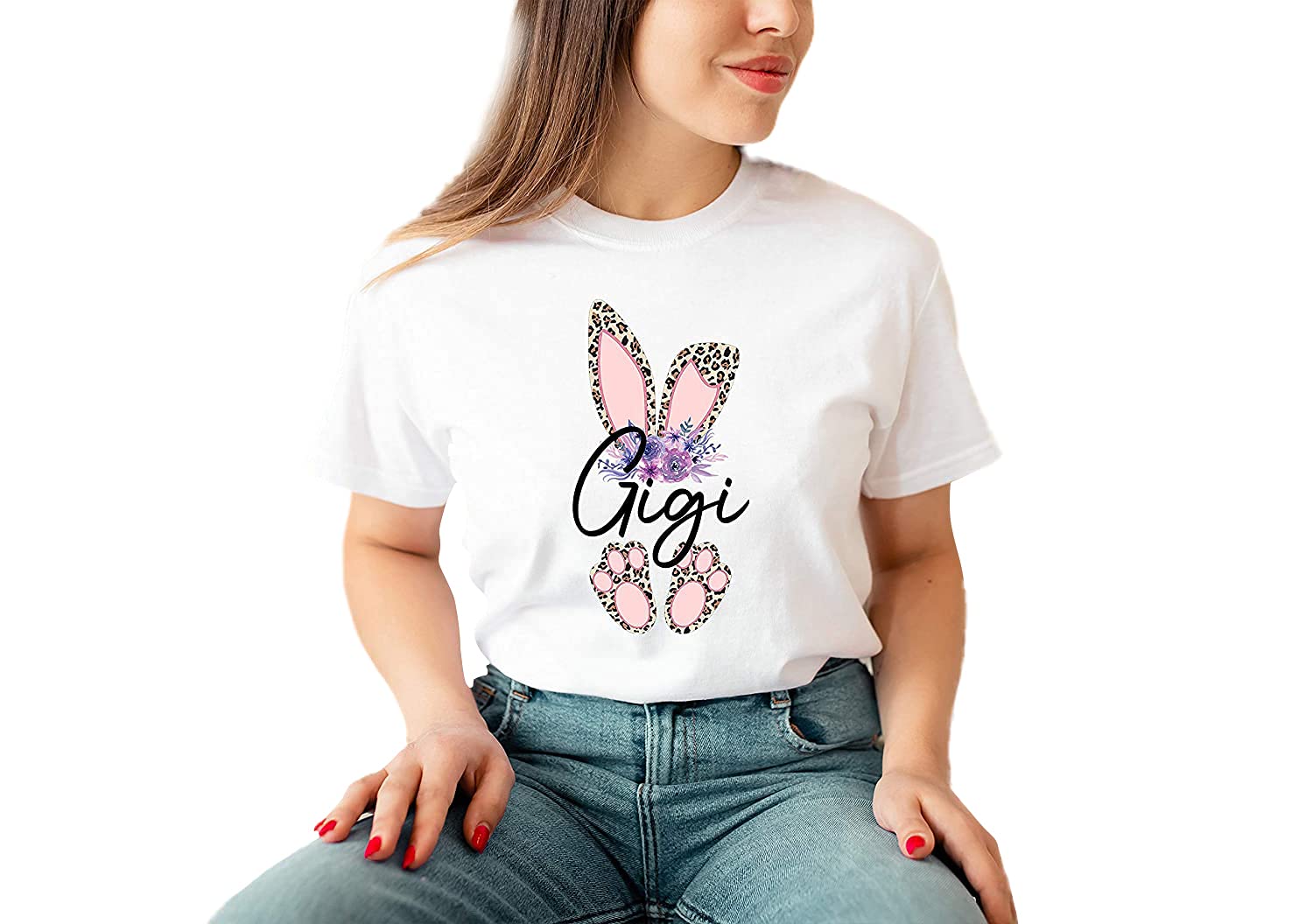 Gigi Bunny Shirt - Women's Leopard Print Easter Bunny T-Shirt, Long Sleeve Sweatshirt & Hoodie - Cute Easter Outfit for Women & Grandma Gift - Perfect for Easter Celebrations, Family Gatherings & Spring Festivities