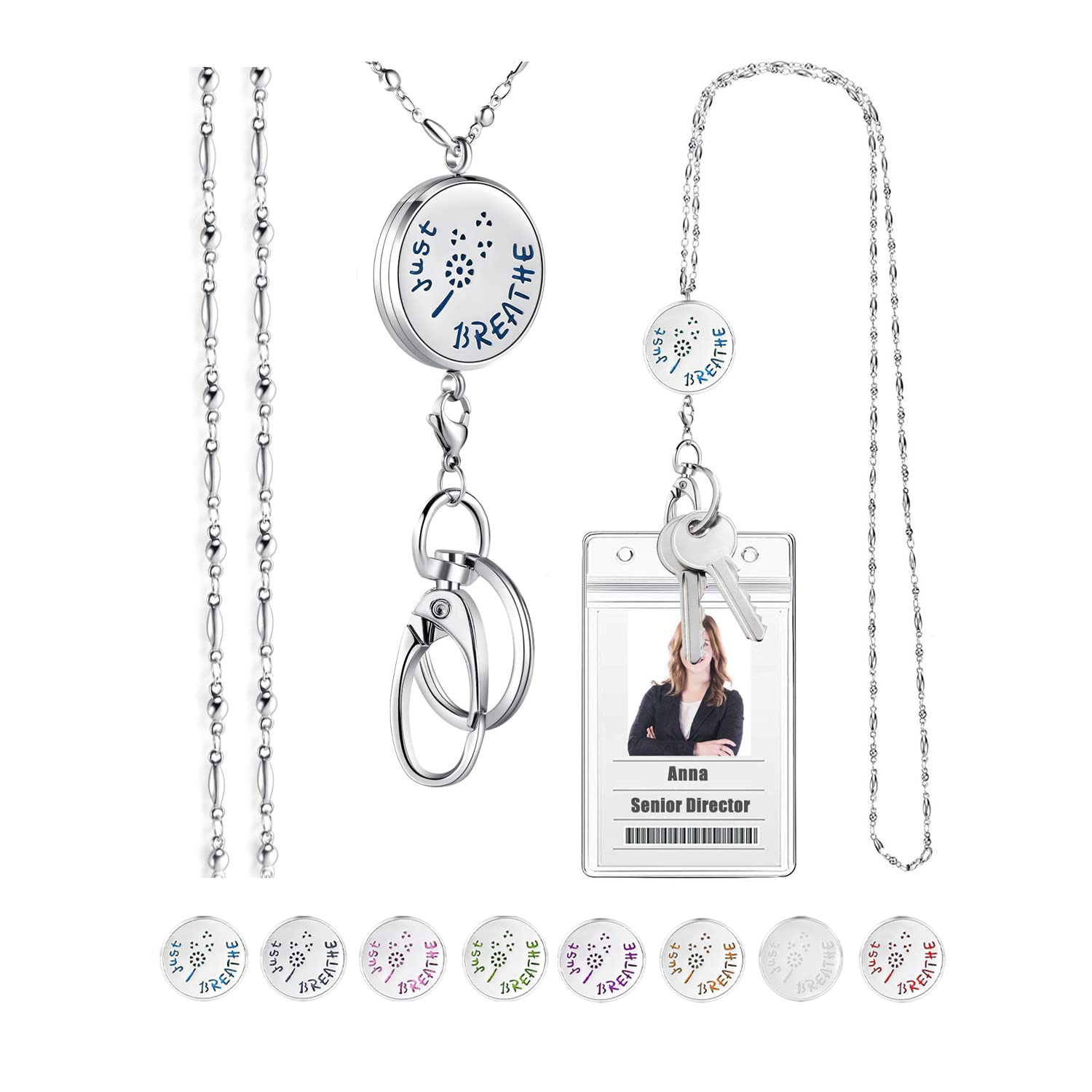 Stainless Steel Lanyard Necklace for Women - Elegant ID Badge Holder & Keychain with Diffuser - Perfect for Teachers, Nurses, Office Professionals - Silver Chain with Secure Badge Clip - Breathe Easy at Work or School