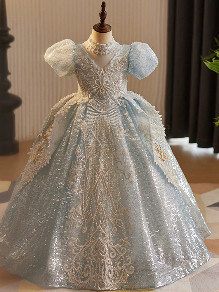 Elegant Blue V-Neck Floor-Length Sequined Flower Girl Dress for Weddings & Special Occasions