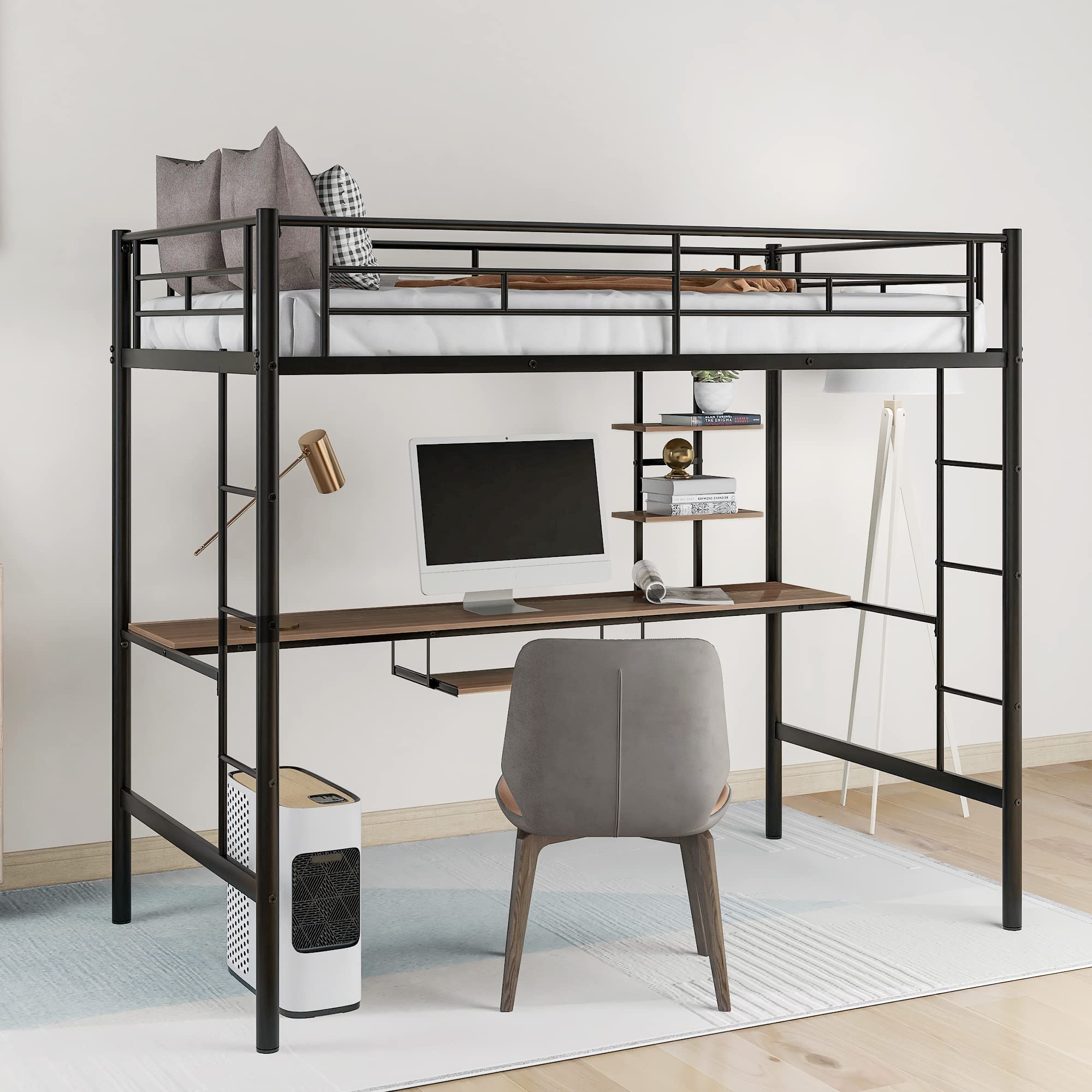 Merax Twin Size Metal Loft Bed with Long Desk & Keyboard Holder - Space-Saving Study Bed with 2 MDF Shelves, Full Guardrail & Ladder - Perfect for Small Rooms, Dorms & Home Offices (Black)