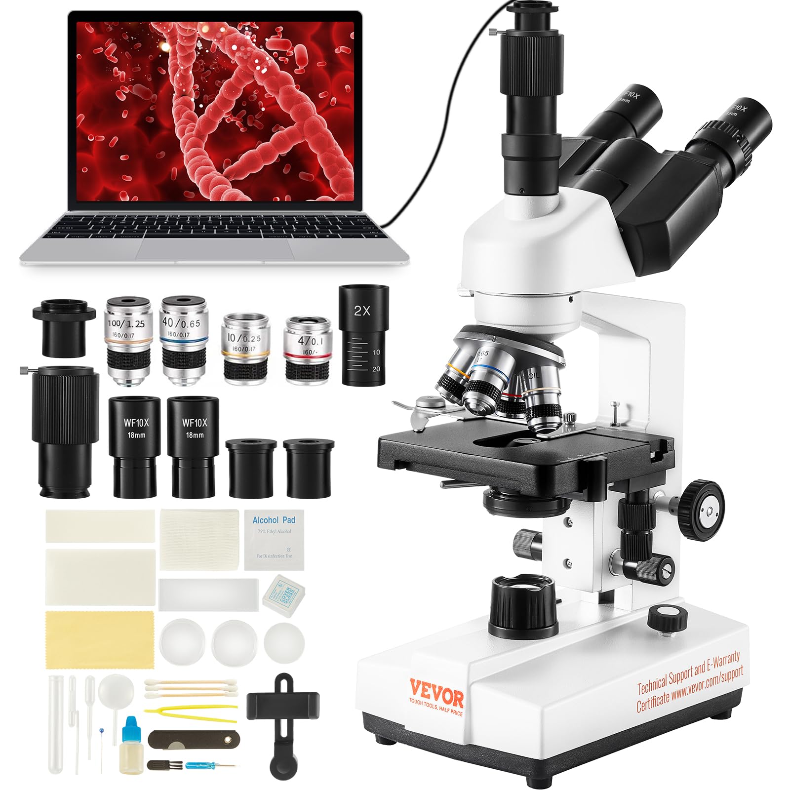 VEVOR Trinocular Compound Microscope 40X-5000X Magnification with LED Illumination, Mechanical Stage & Slides - Professional Lab Microscope for Biological Research, Medical Diagnosis & Educational Science Experiments