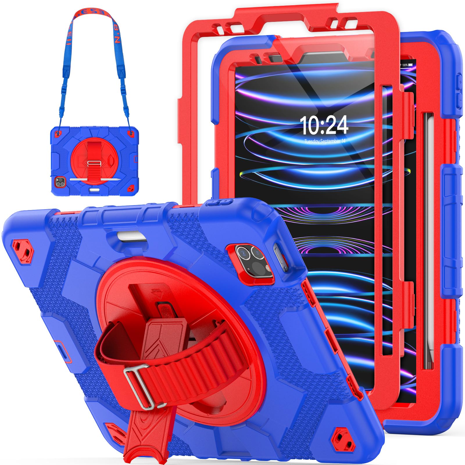 HXCASEAC iPad Pro 11 Inch Case (4th/3rd/2nd/1st Gen) - Shockproof Kids Protective Cover with C-Hook Hand Strap, Built-in Screen Protector & Apple Pencil Holder, Compatible with iPad Pro 11 2022/2021/2020/2018 (Blue) - Perfect for School, Travel and Outdoor Activities