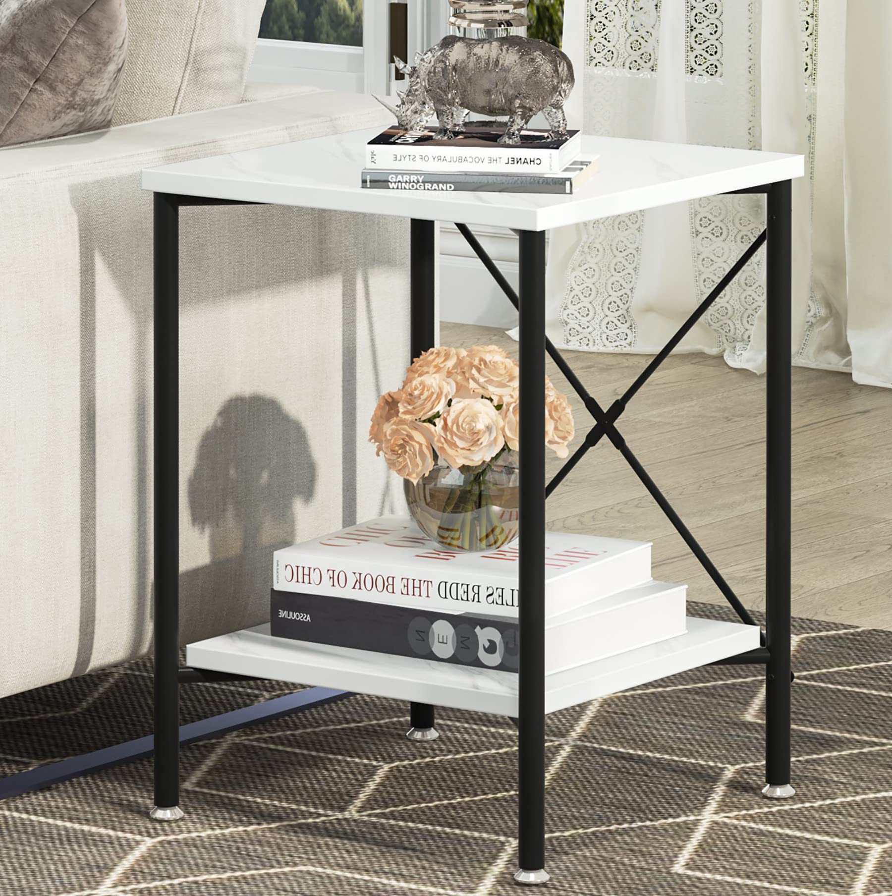 Tribesigns White Faux Marble End Table with Storage Shelves - Modern 2-Tier Side Table & Nightstand for Living Room, Bedroom, Office - Sturdy & Stylish Accent Table (1 PC, White Faux Marble) - Perfect for Small Spaces, Holding Lamps, Books & Decor