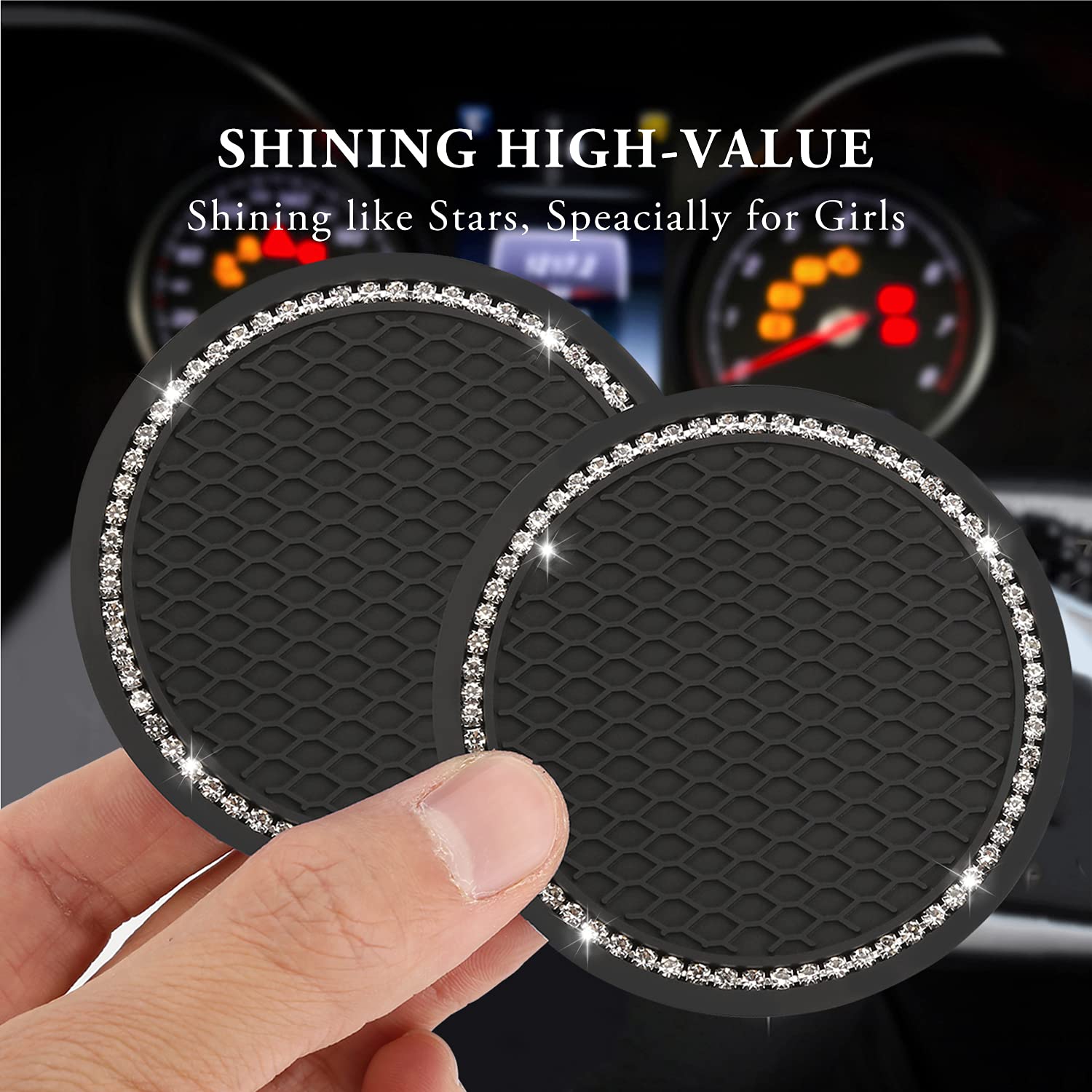JEMAATX 2 Pack Bling Car Cup Coasters with Holder - Anti Slip Crystal Cup Mats for Women, 2.75 Inch Diameter, Black (JMT-4789) - Perfect for Car Interior Accessories & Drink Protection