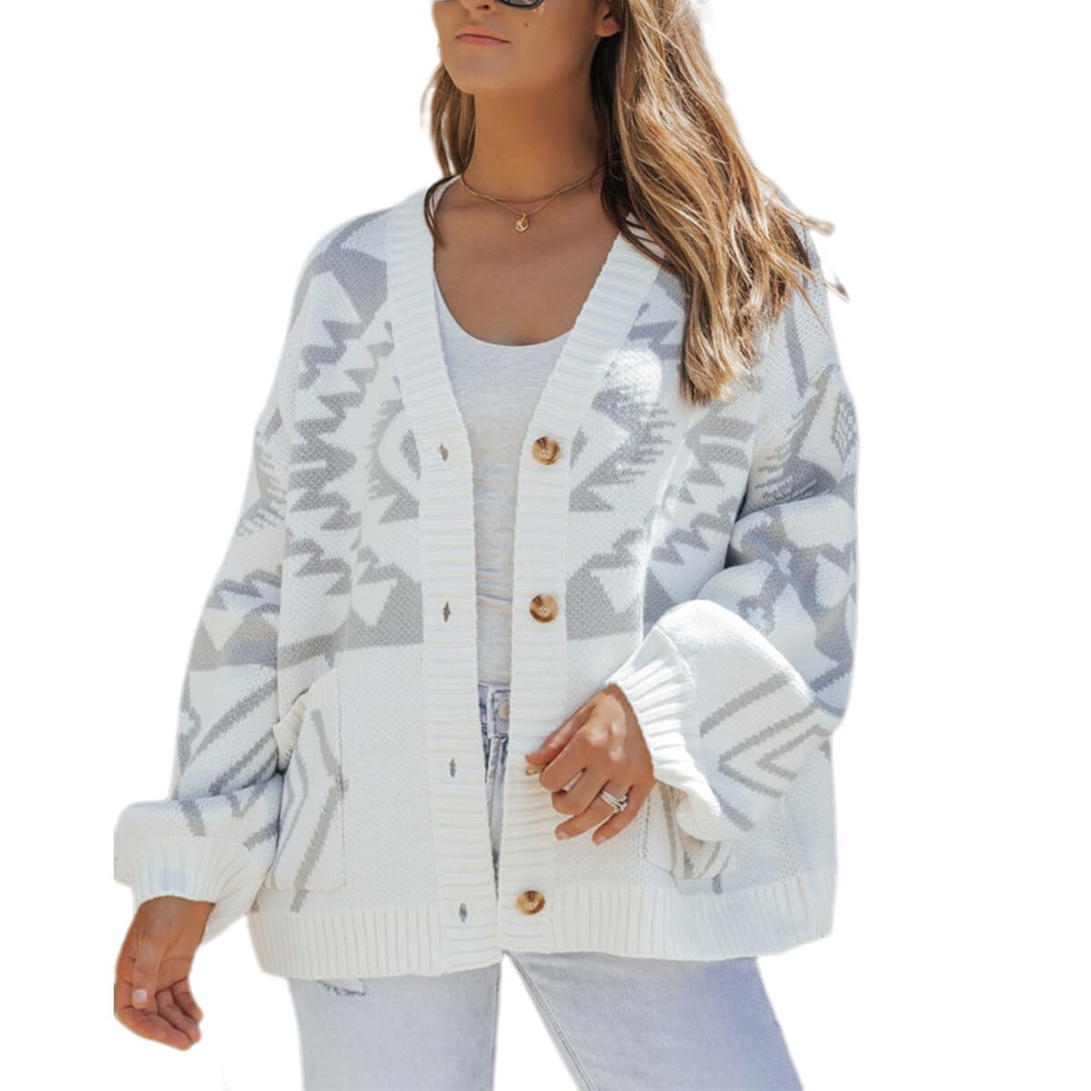 Women's Aztec Print Button Down Cardigan Sweater - Long Sleeve V Neck Knit Cardigan with Pockets | Boho Chic Style for Casual Wear, Office Outfits & Fall Layering