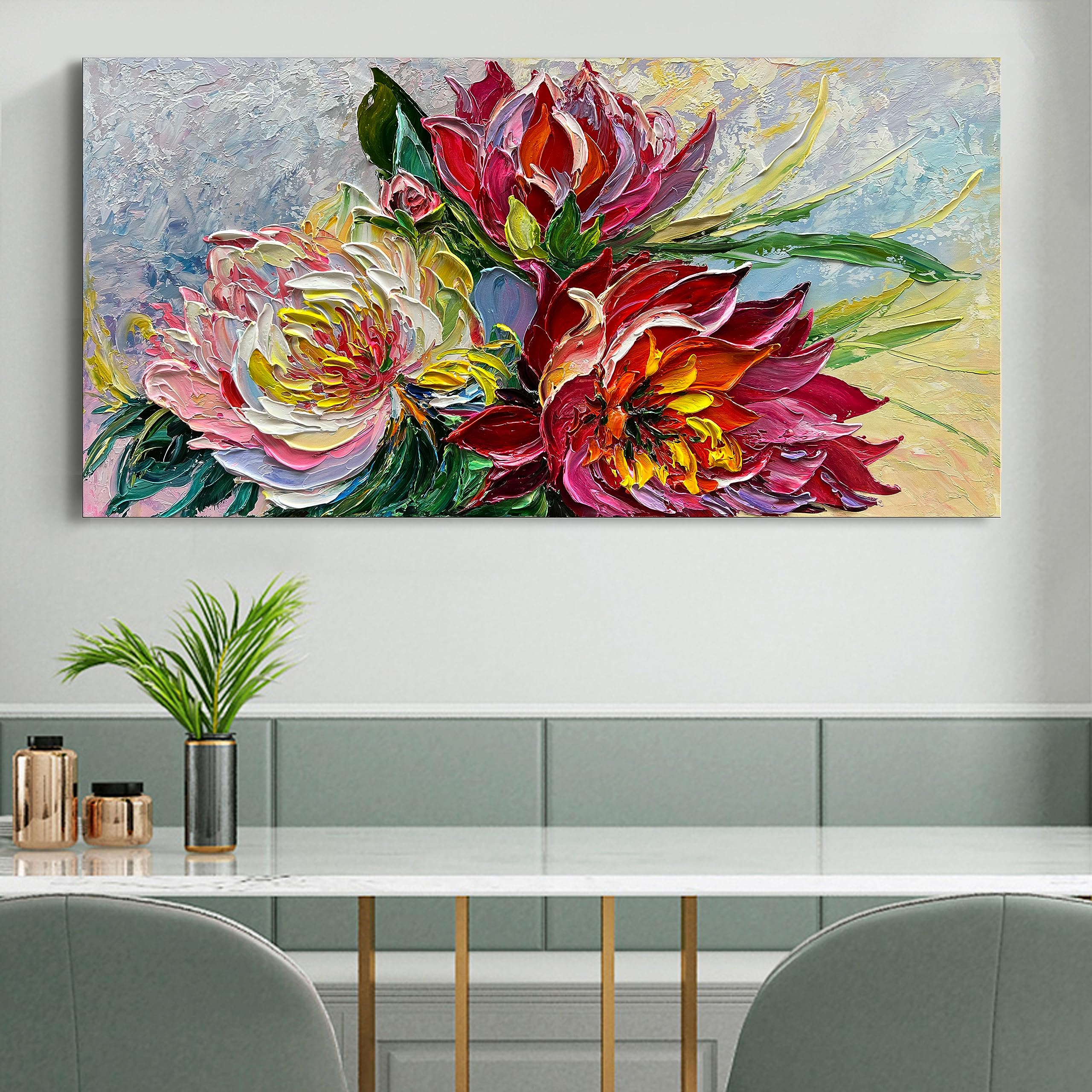 Hand Painted Red Flowers Abstract Oil Painting on Canvas 24x48 Inch - Thick Texture Wall Art Decor for Living Room, Bedroom & Office