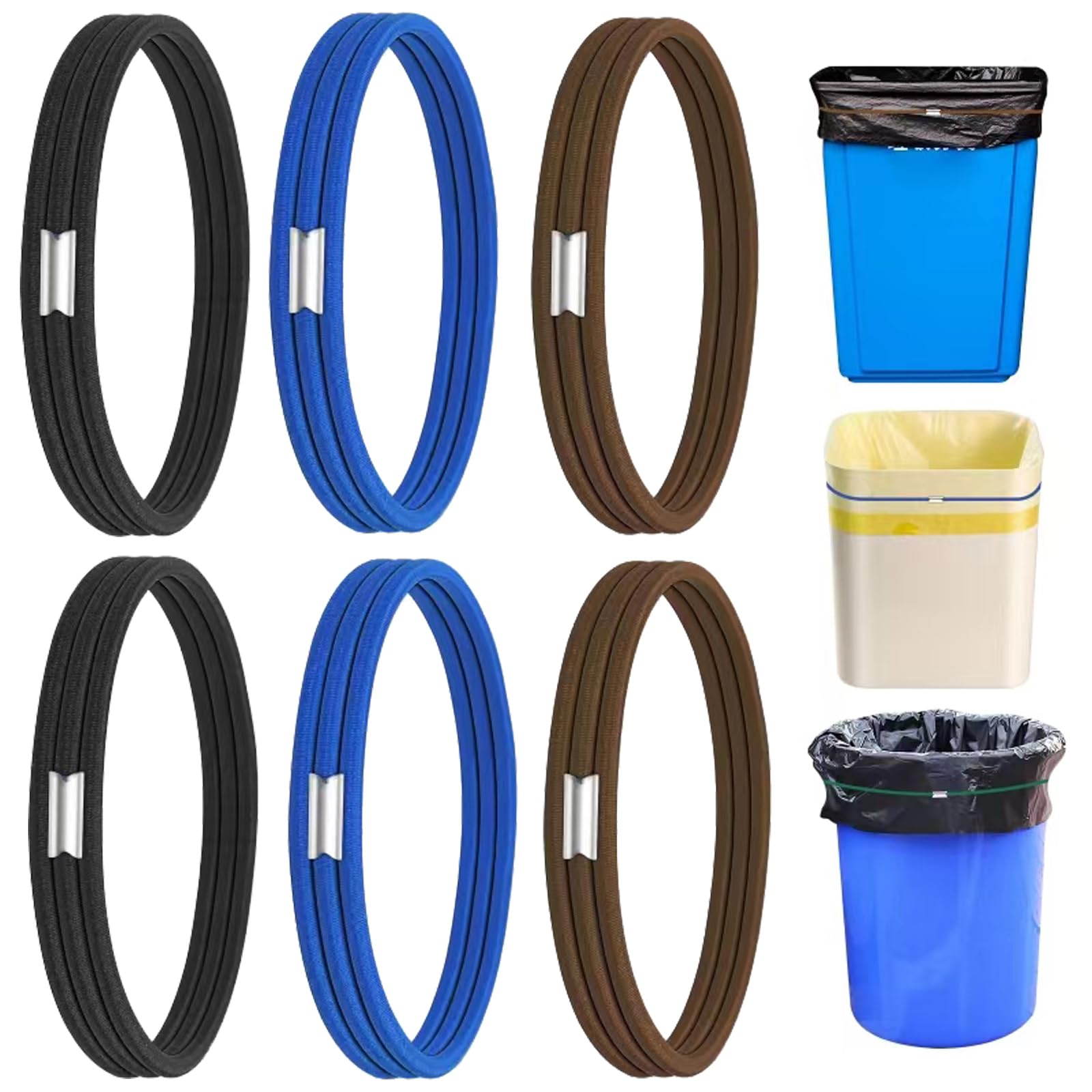 6-Pack Elastic Trash Can Bands - Black, Blue, Brown - Fits 13 to 30 Gallon Garbage Cans - Heavy Duty Rubber Bands for Securing Trash Bags - Perfect for Home, Office, School & Indoor Use - Keep Your Space Clean & Organized