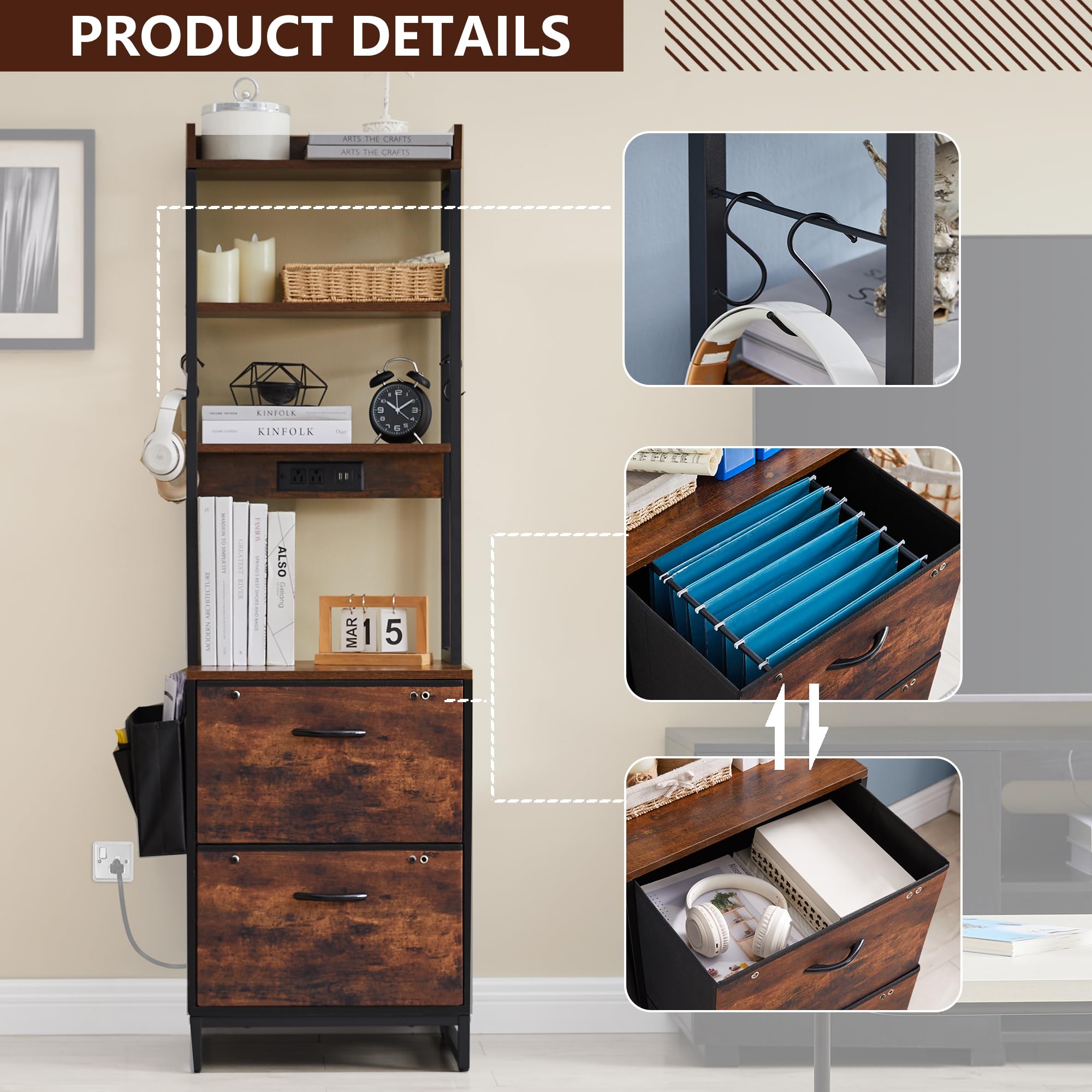 2-Drawer File Cabinet with Adjustable Hanging Folders & Storage Shelf - Letter/A4 Size Office Storage with Built-in Power Outlet - Perfect for Home Office, Study Room & Small Workspaces
