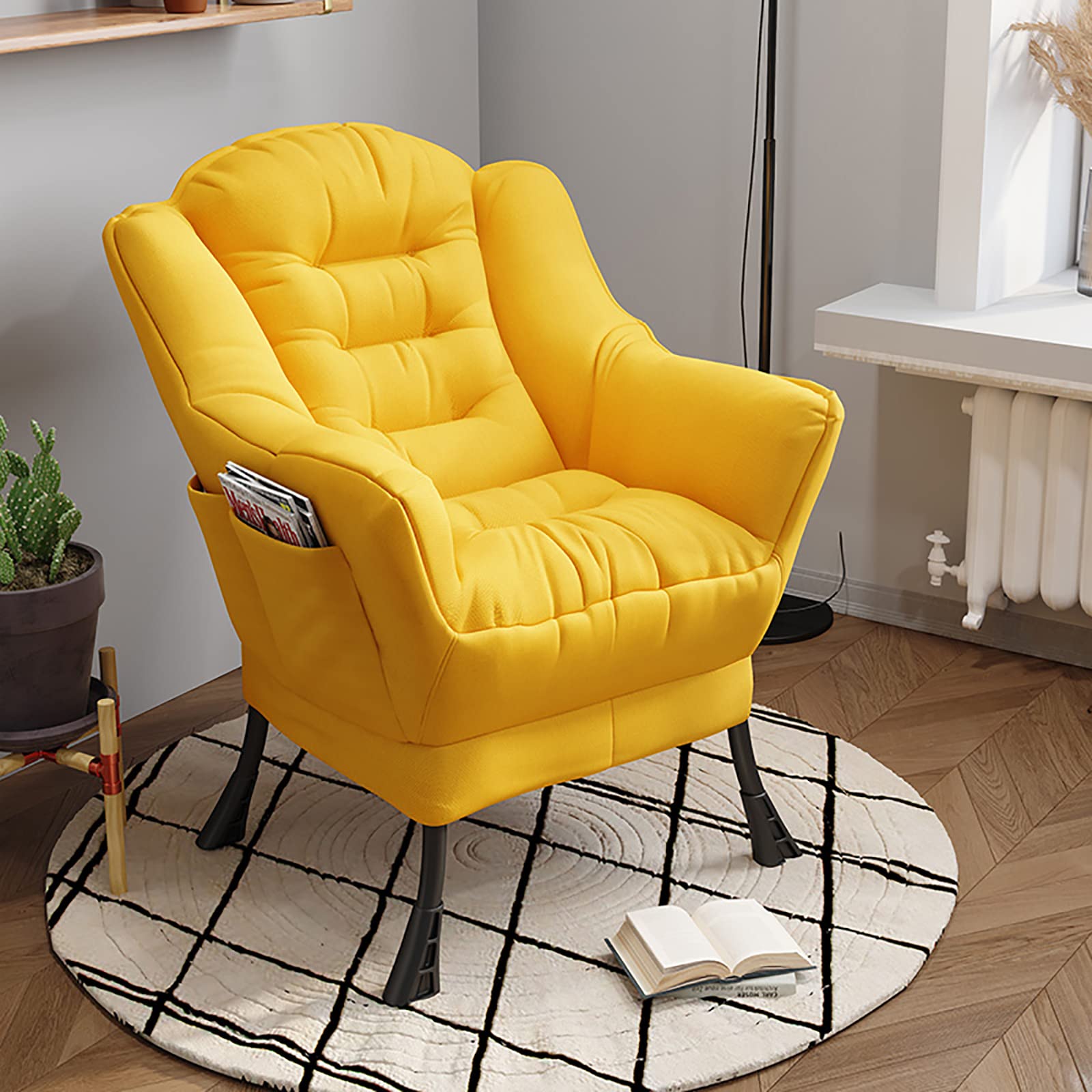 Modern Accent Chair for Living Room - Extra-Thick Upholstered Lounge Sofa Chair with Side Pocket, Cotton Linen Fabric, White - Perfect for Home Decor, Reading Nook & Small Space Furniture