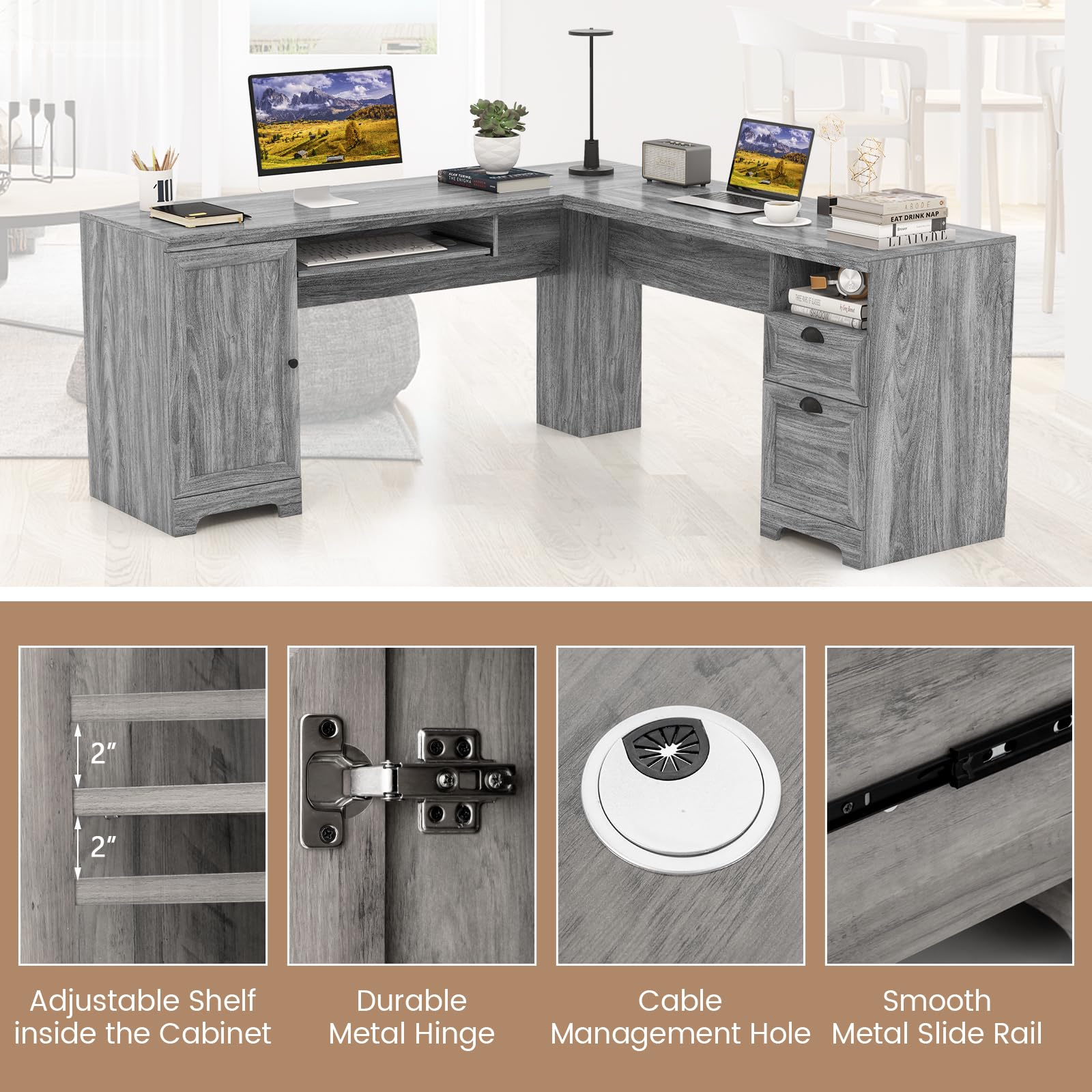 GOFLAME 66 Inch L-Shaped Computer Desk with Drawers & Cabinet - Spacious Corner Office Desk with Keyboard Tray, Ergonomic Gaming Workstation for Home Office, Study Room or Bedroom (Gray) - Perfect for Remote Work, Online Classes & PC Gaming Setup