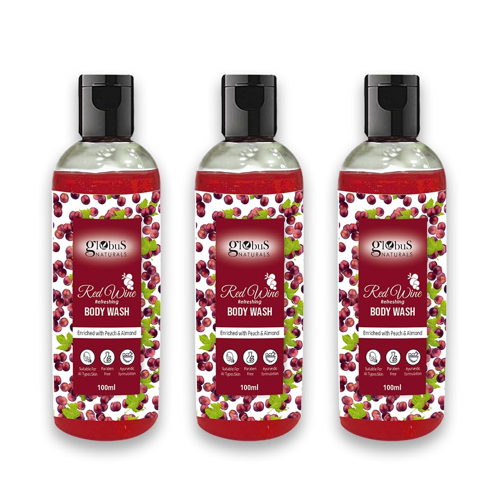 Globus Naturals Red Wine & Peach Almond Body Wash - Hydrating & Refreshing for All Skin Types, Paraben-Free, 100ml (Pack of 3) - Perfect for Daily Shower & Spa-Like Relaxation