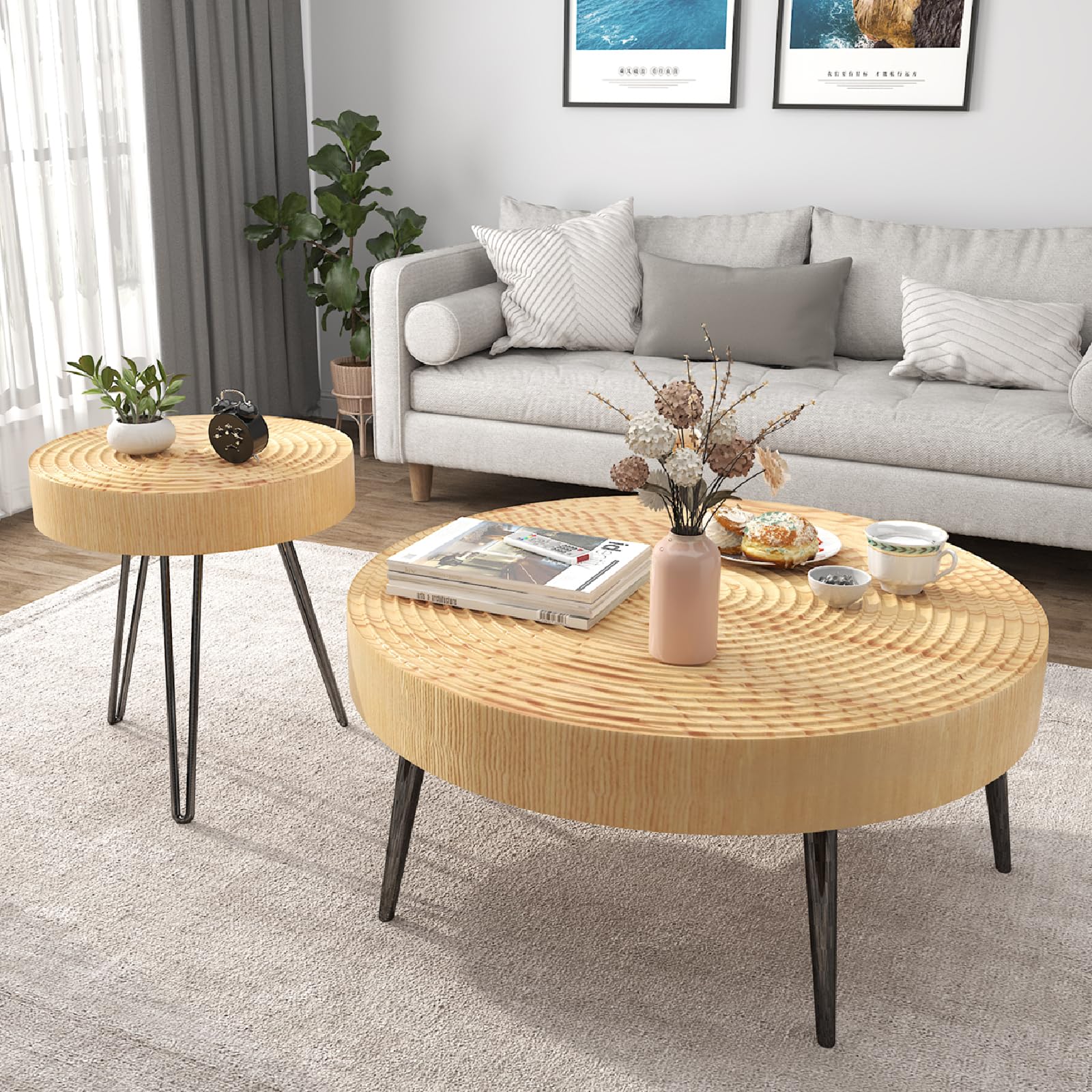 2-Piece Boho Round Wood Coffee Table Set - Modern Farmhouse Circle Living Room Tables with Natural Wood Finish - Perfect for Living Room, Bedroom, Office & Cafe Decor - Stylish Ring Motif Side & End Tables for Home & Commercial Spaces