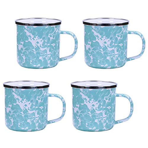 Handmade Sea Glass Swirl Enamel Mug Set of 4 - 12 oz Vintage Style Camping & Beach Cups for Outdoor Coffee, Tea, and Hot Drinks