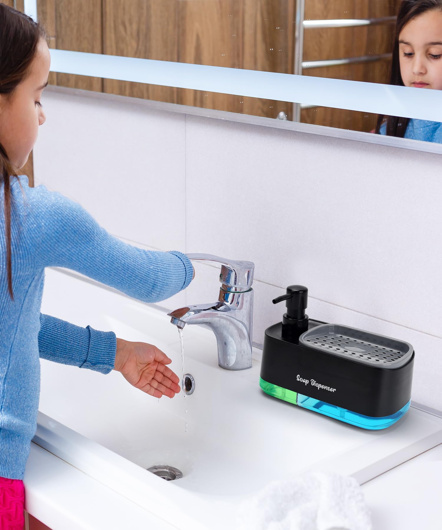 **3-in-1 Dual Soap Dispenser with Sponge Holder – Hand & Dish Soap Pump for Kitchen Sink, Countertop Organizer – Black | Perfect for Kitchen, Bathroom & Laundry Room**