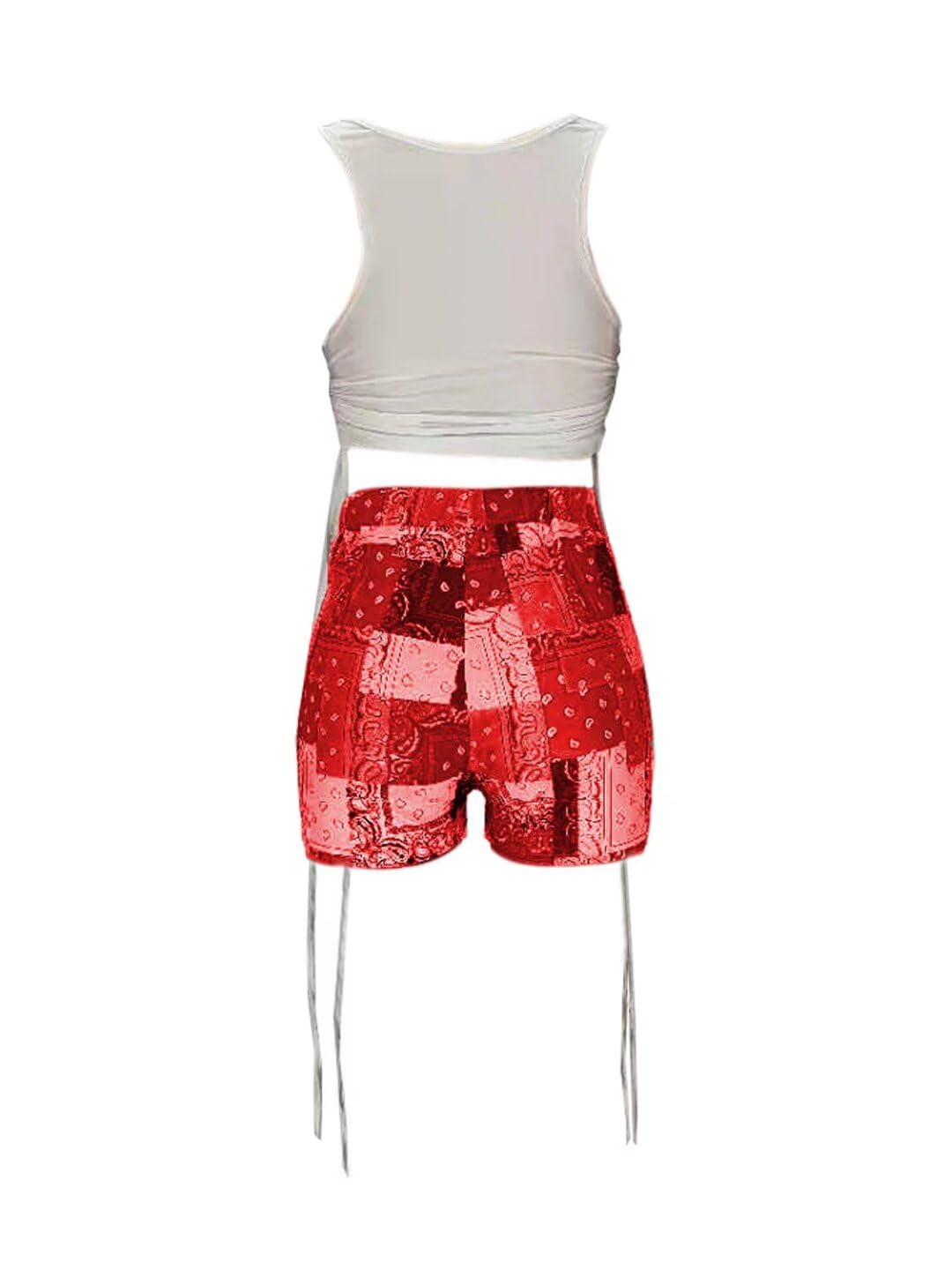 Women's Sexy Patchwork 2-Piece Outfit with Drawstring Crop Top & Printed Shorts Set | Clubwear, Streetwear & Summer Party Outfit